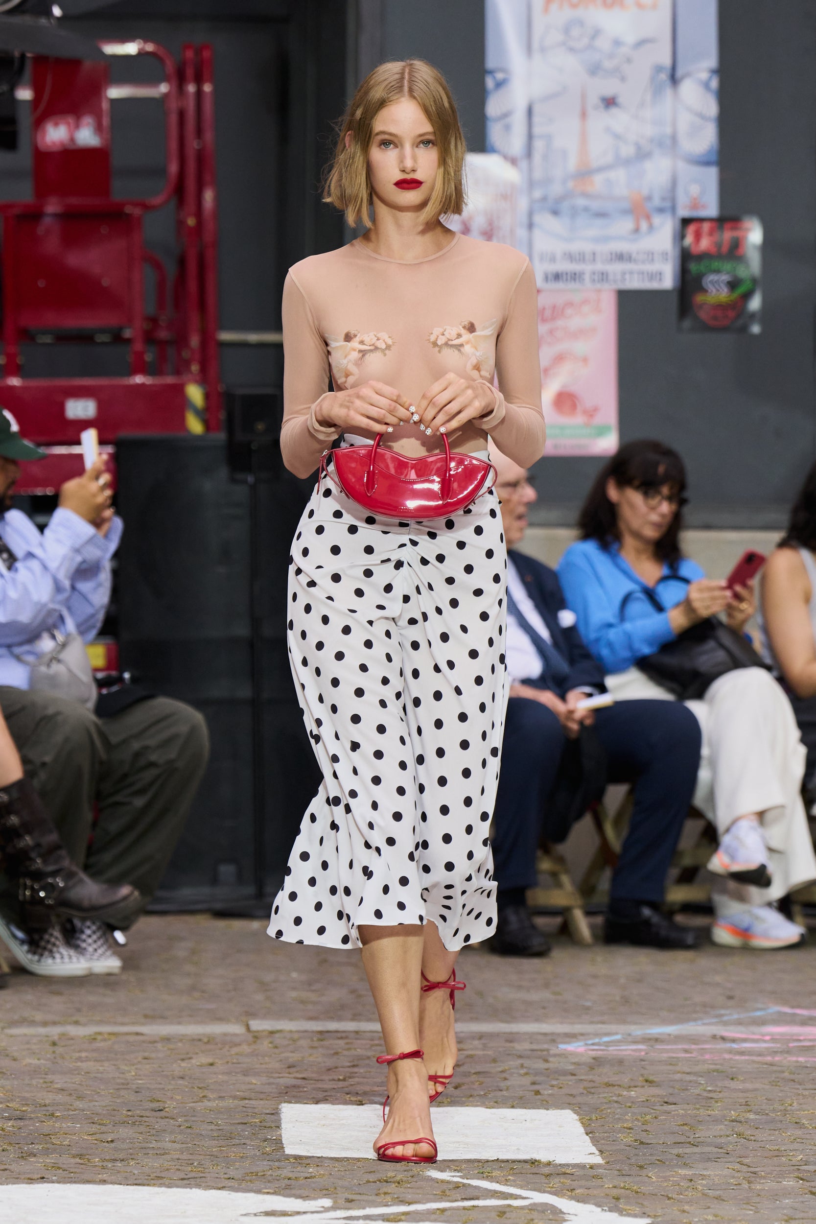 Polka Dot Gathered Midi Skirt White