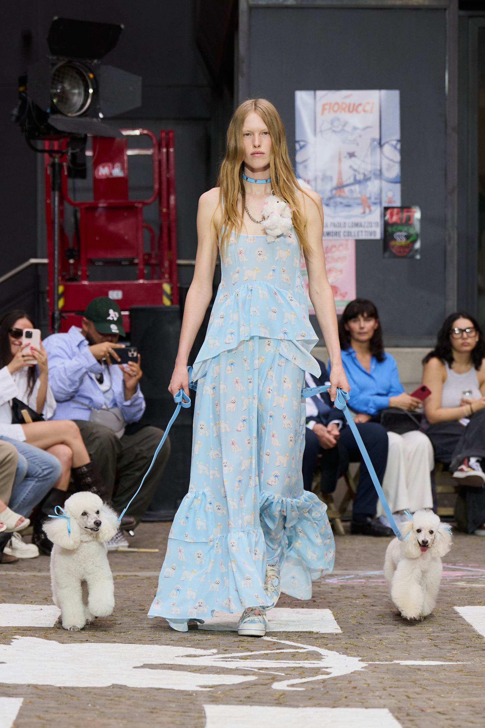 Poodle Print Maxi Dress with Ruffles Light Blue