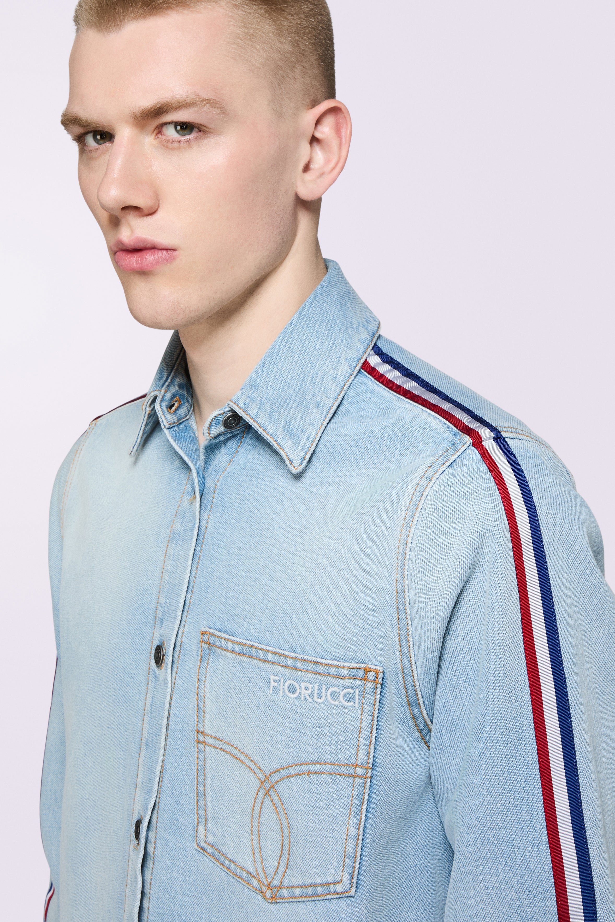 Tricolor Stripe Logo Denim Shirt Light Blue