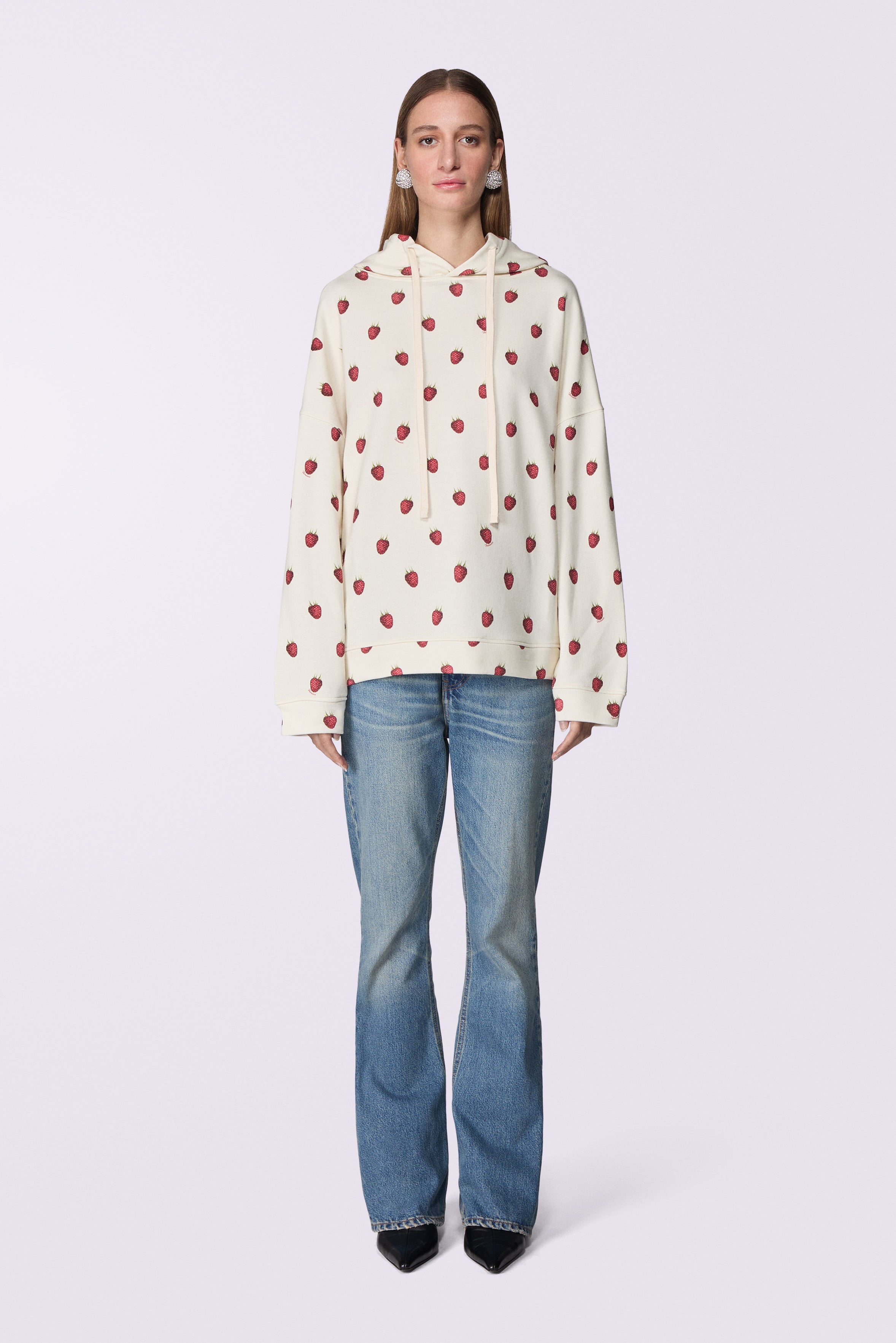 Unisex Raspberry Print Hoodie Cream