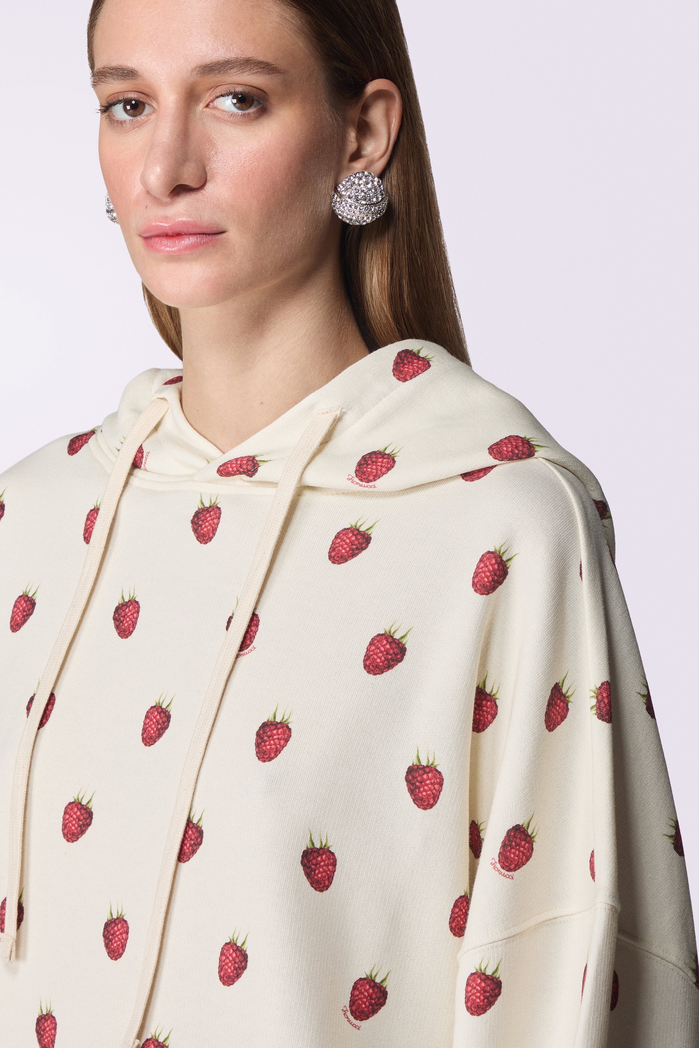 Unisex Raspberry Print Hoodie Cream