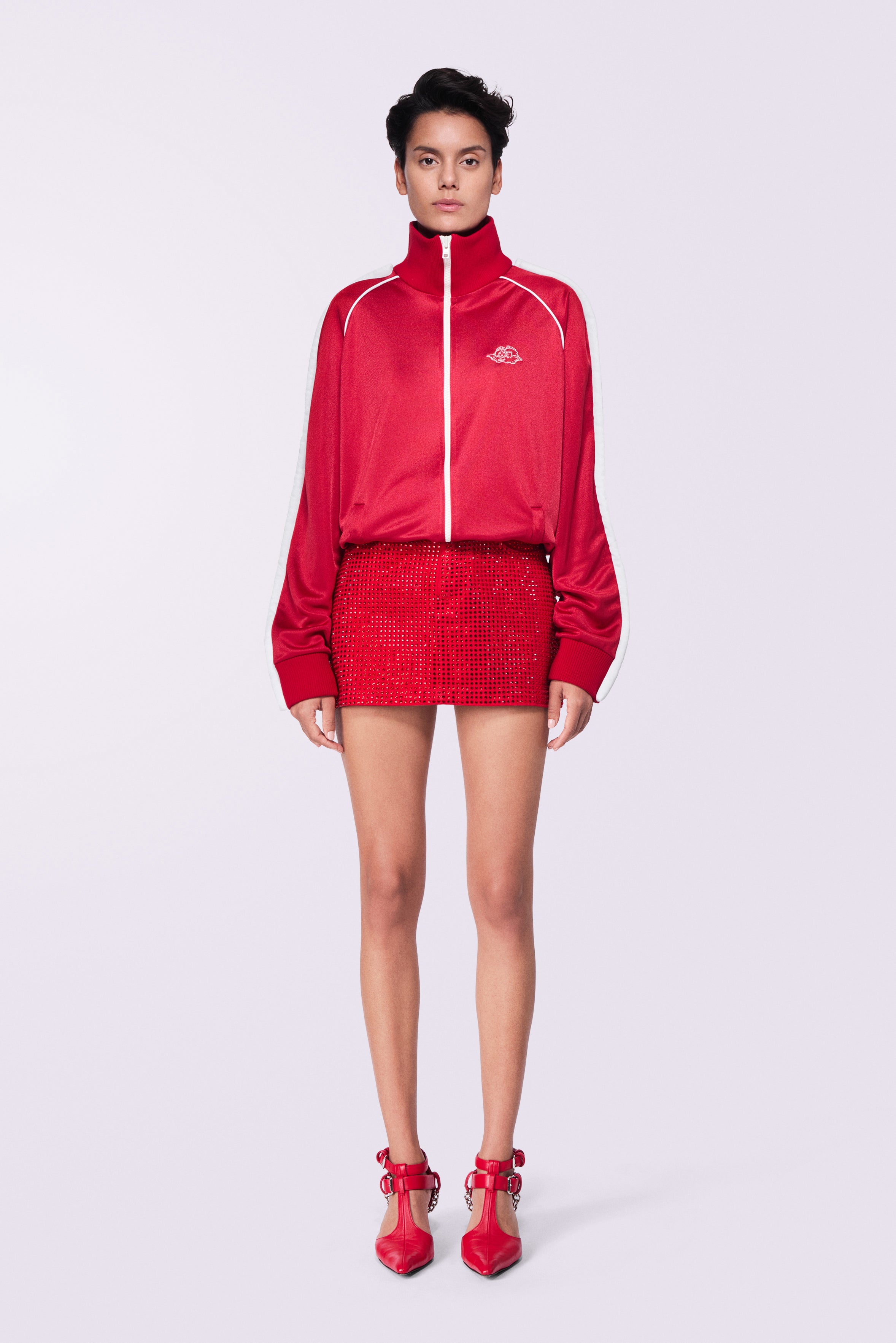 Rhinestone Denim Mini Skirt Red