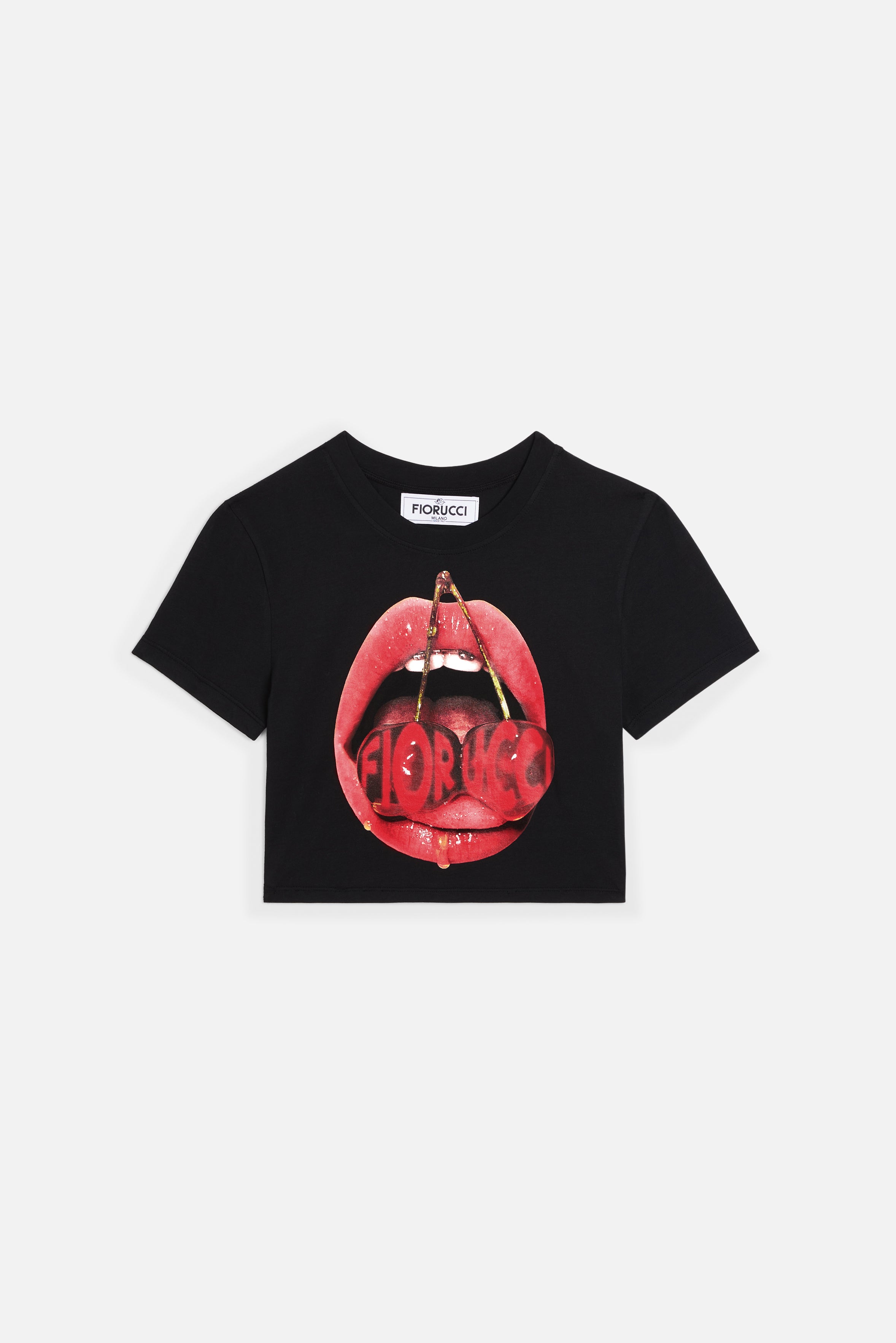 Cherry Mouth Graphic Cropped T-Shirt Black
