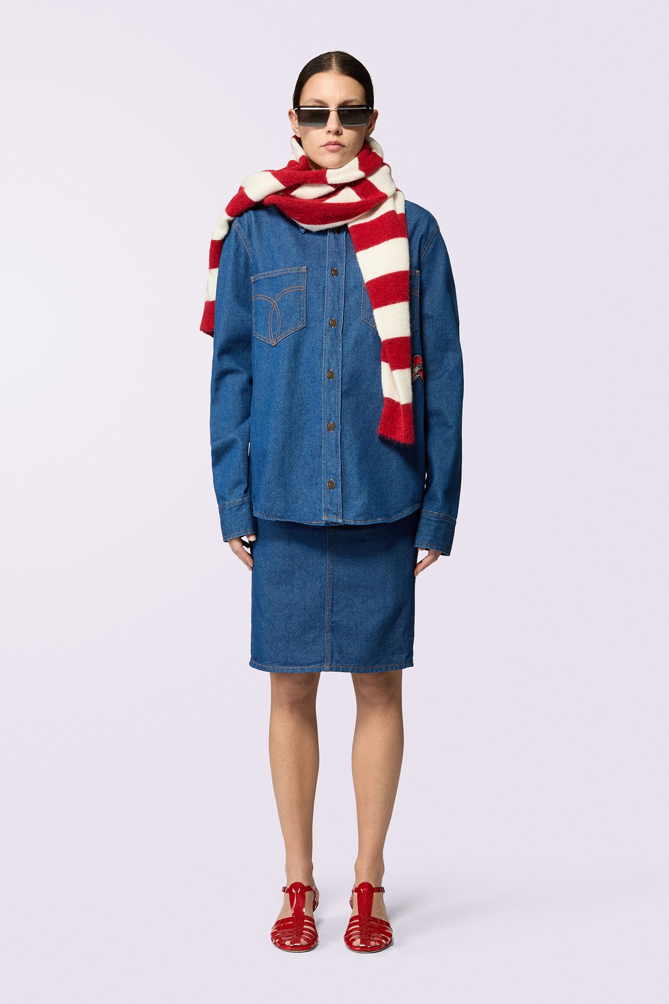 Heart Patch Denim Midi Skirt Rinse Blue