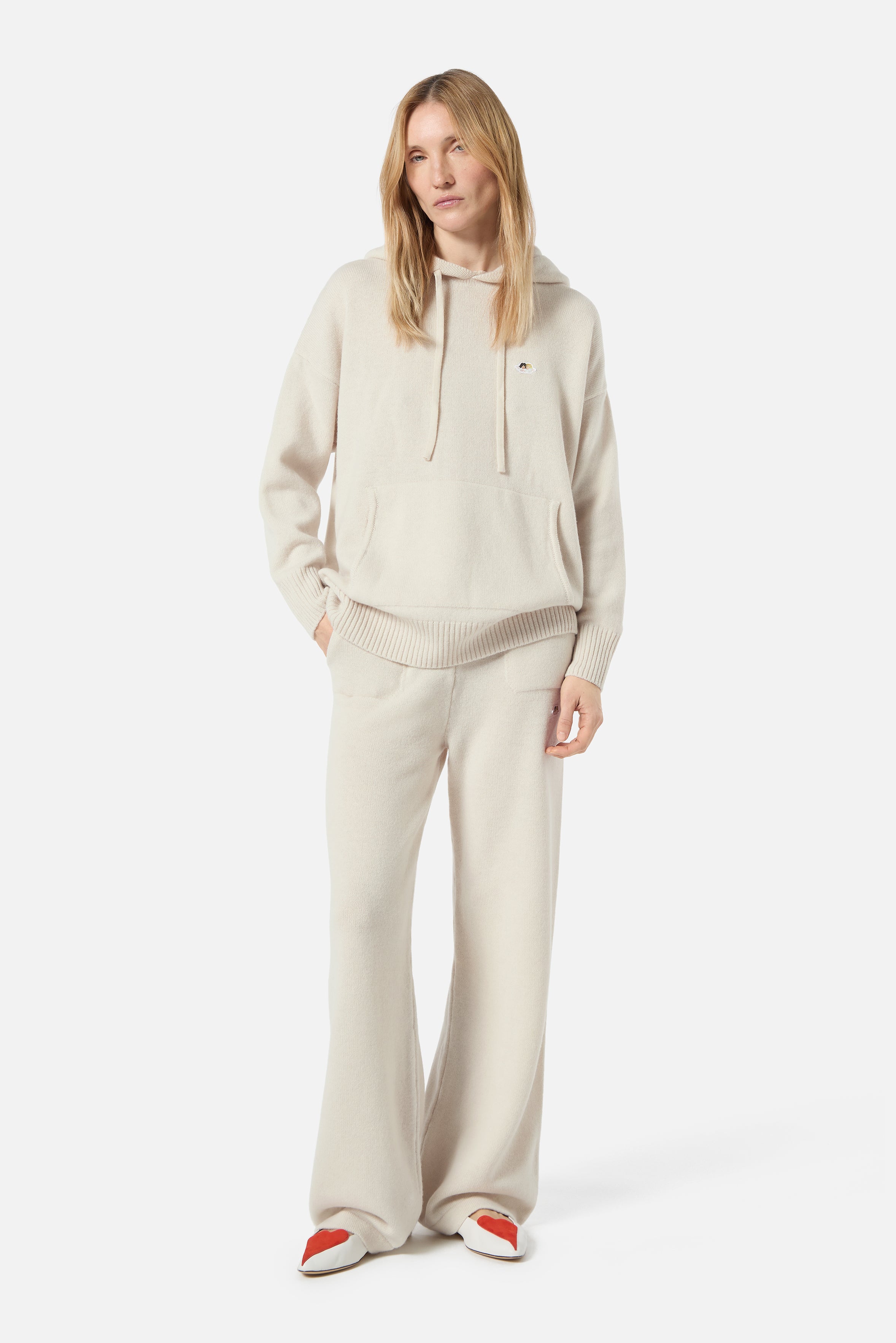 Angels Patch Knit Hoodie Beige