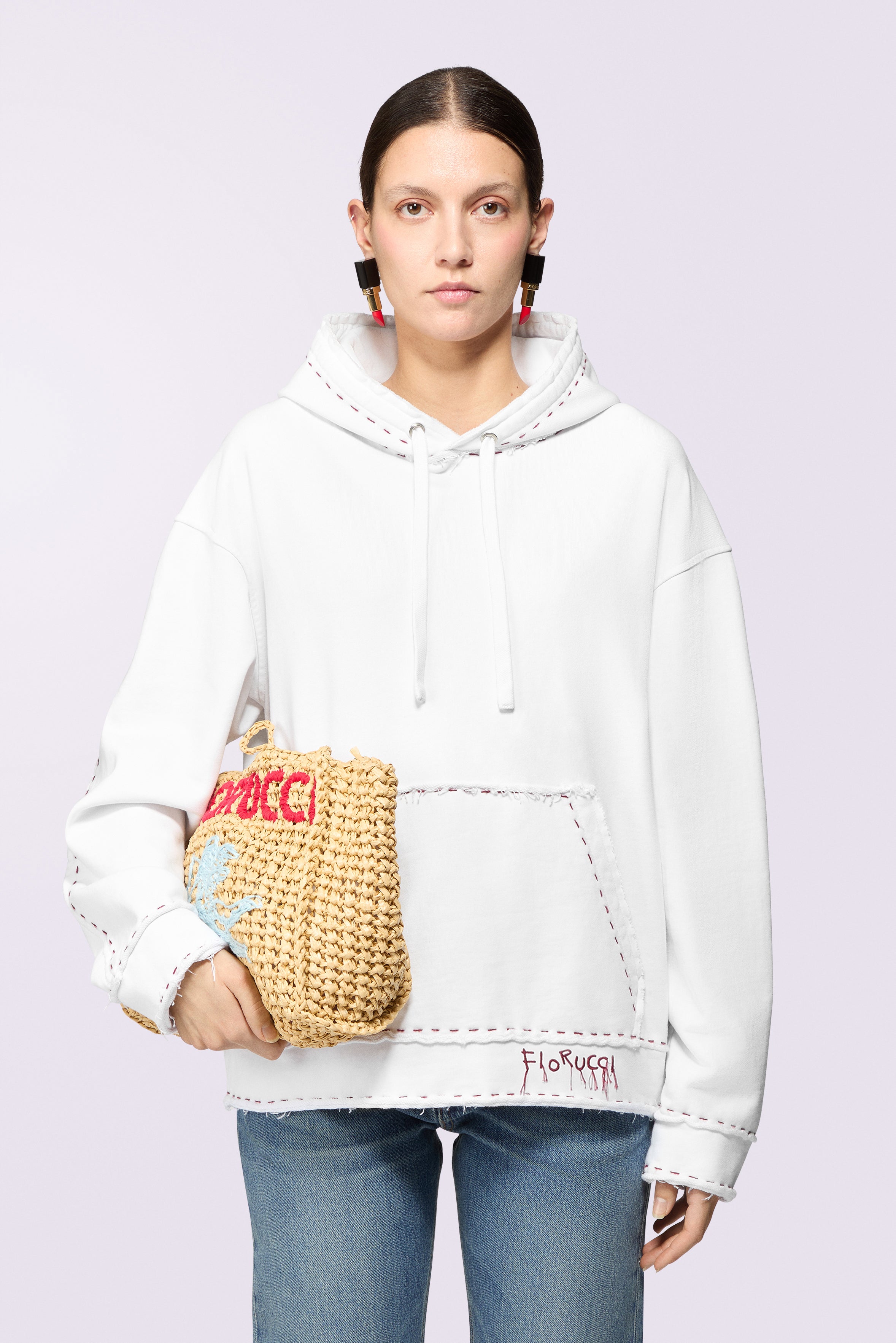 Stitch Logo Relaxed Hoodie White