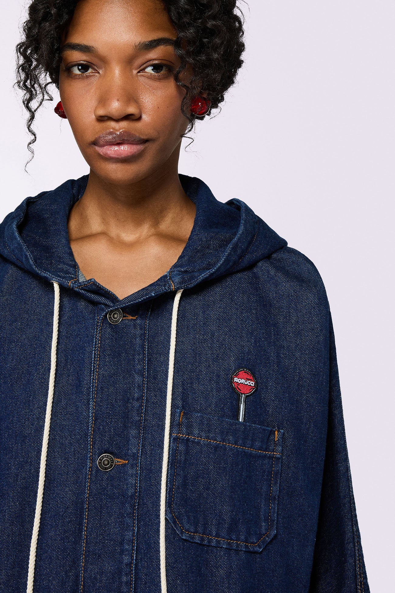 Lollipop Patch Denim Hoodie Deep Blue