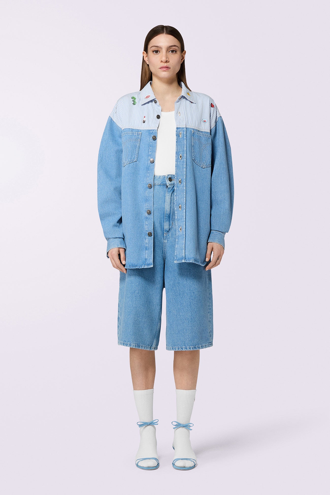 Charm Print Denim Shirt Baby Blue