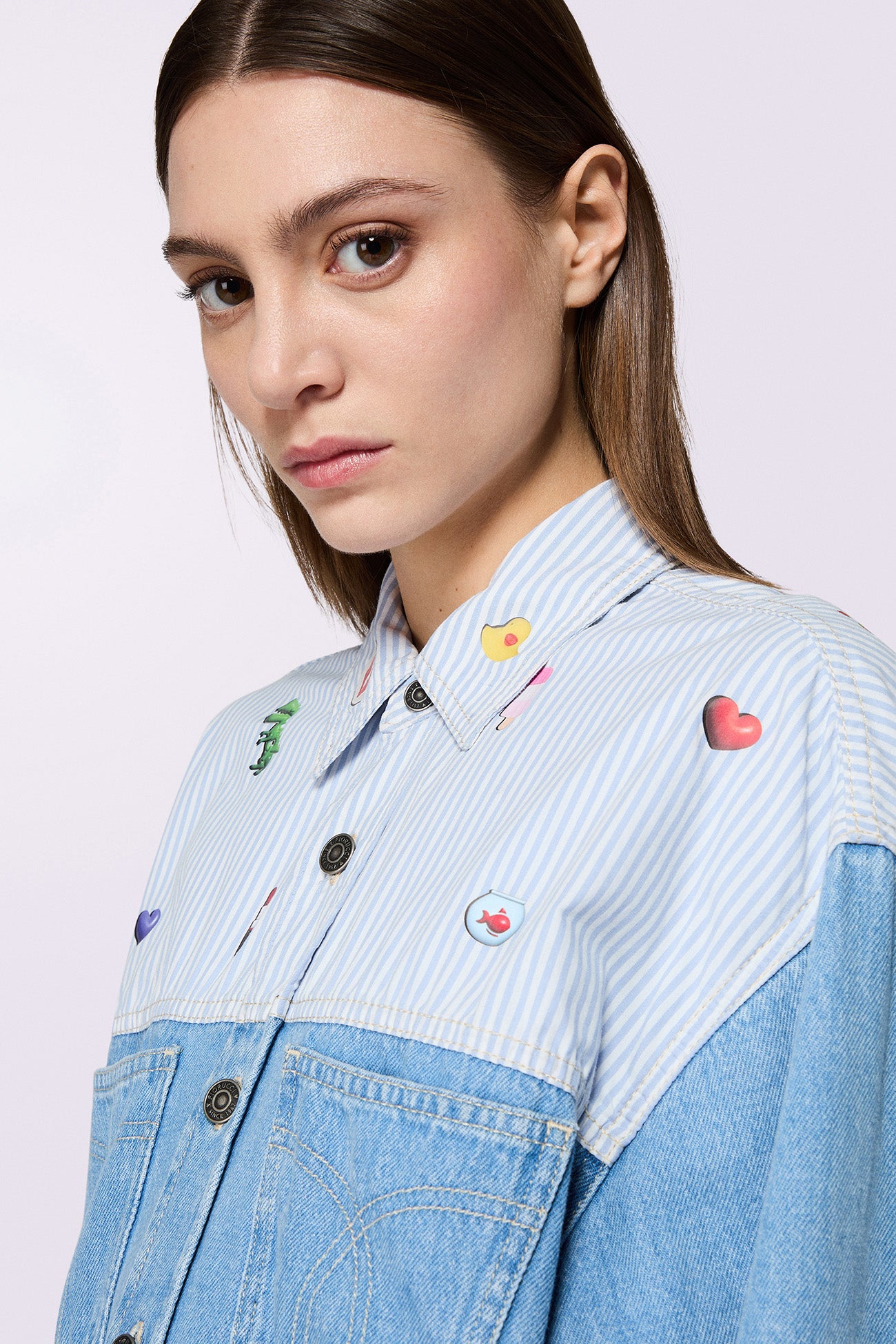 Charm Print Denim Shirt Baby Blue