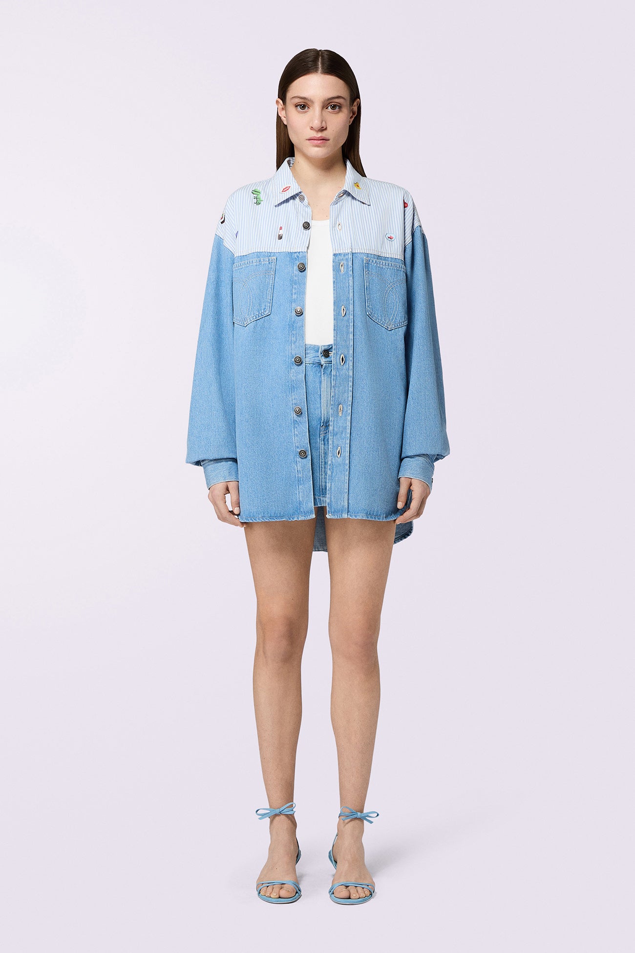 Charm Print Denim Mini Skirt Baby Blue