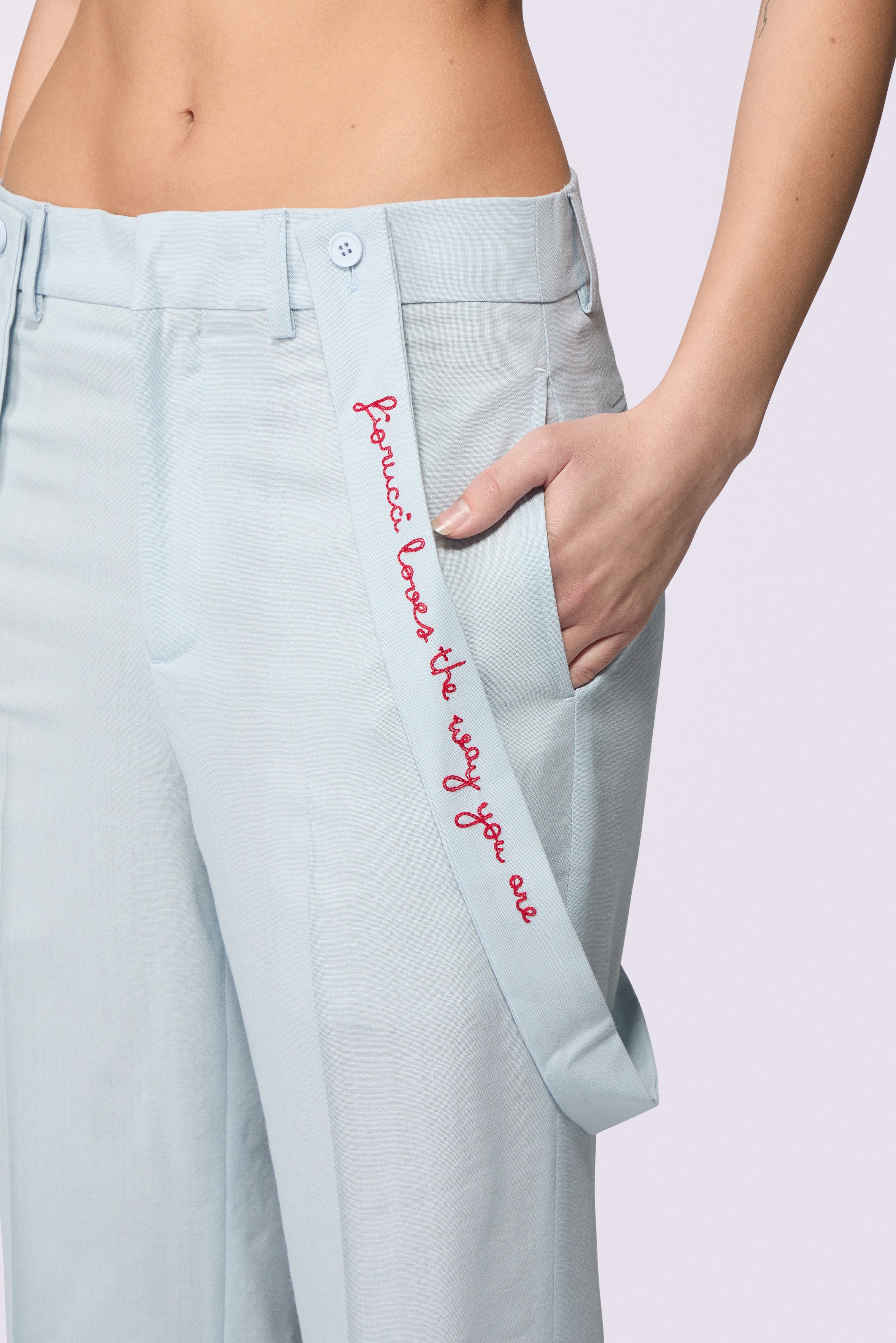 Embroidered Suspender Trousers Blue