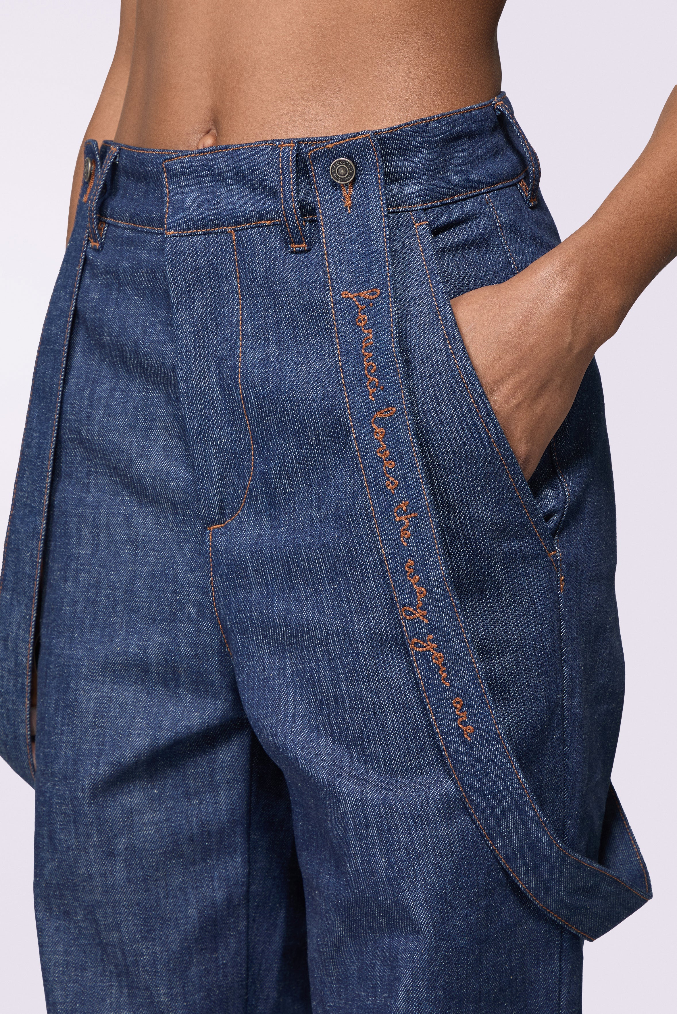 Embroidered Suspender Jeans Rinse Wash