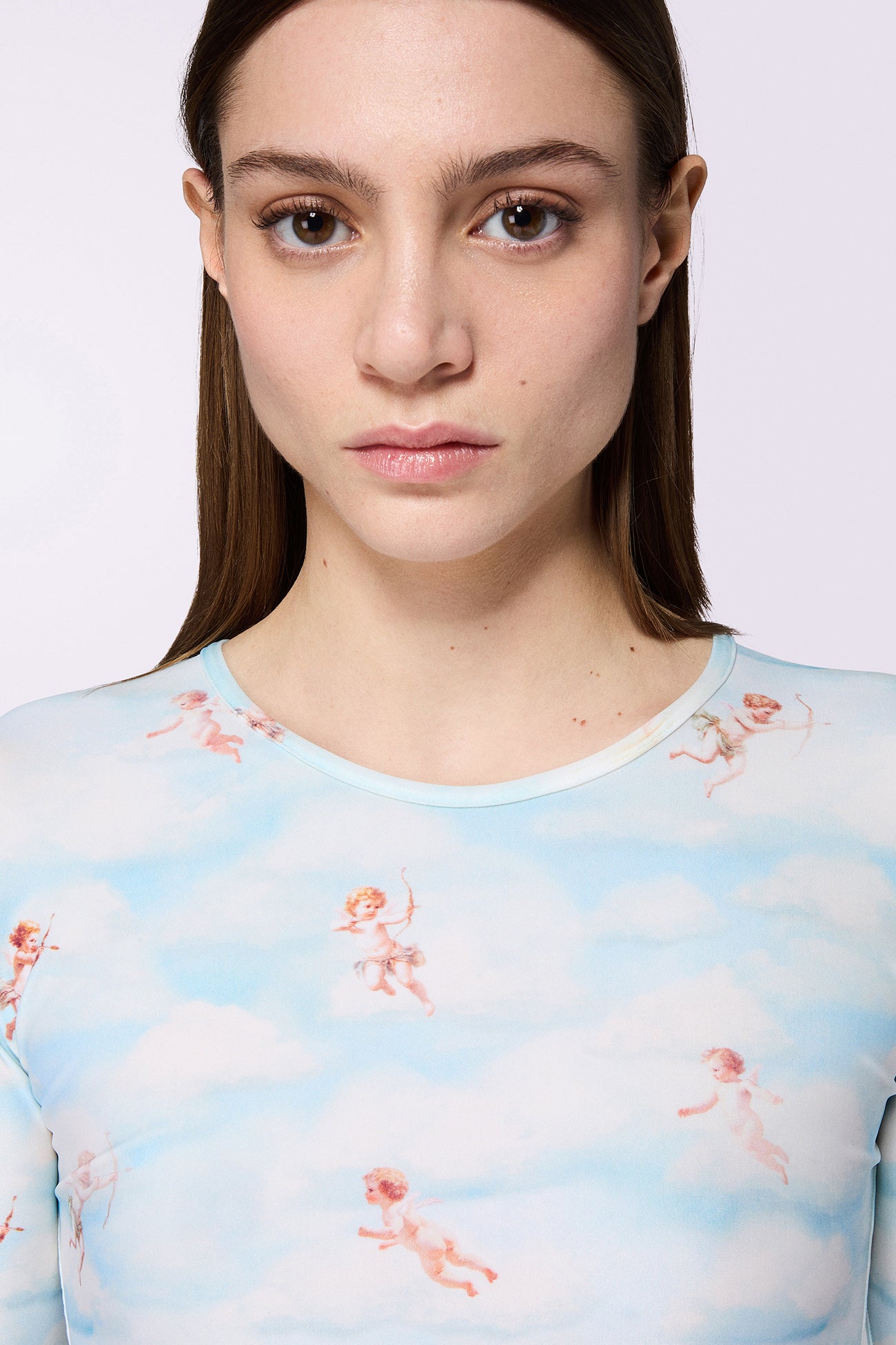 Beatitudo Print Long Sleeve Crop Top Blue