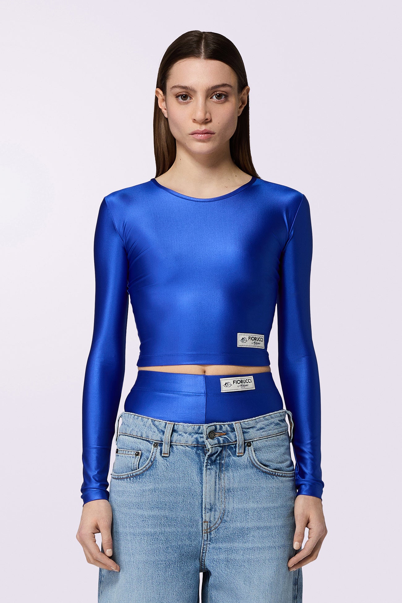 Label Long Sleeve Crop Top Blue