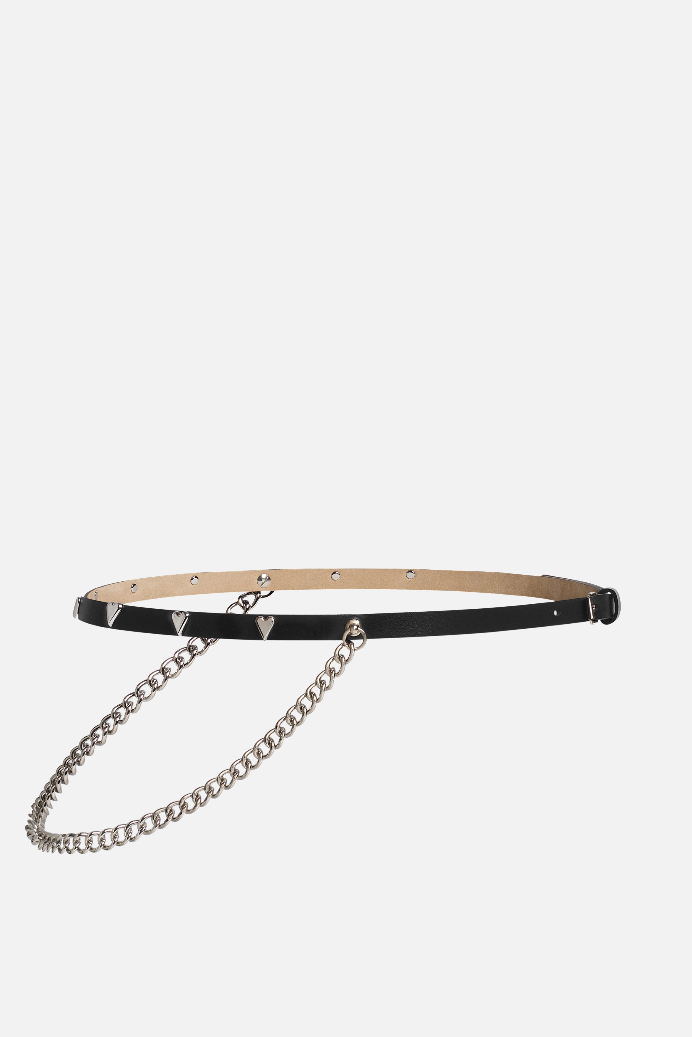 Thin Heart Studded Chain Leather Belt Black