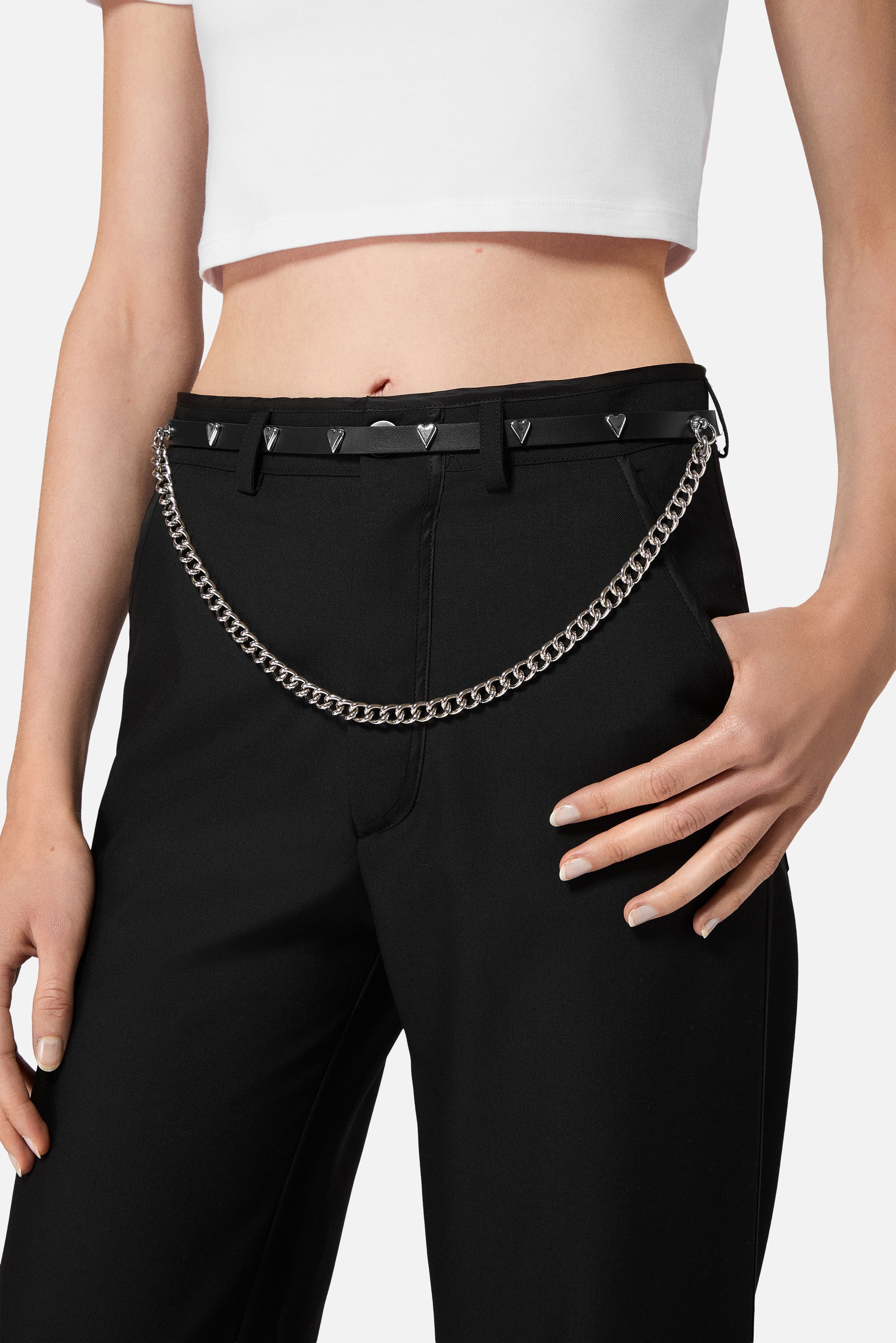 Thin Heart Studded Chain Leather Belt Black