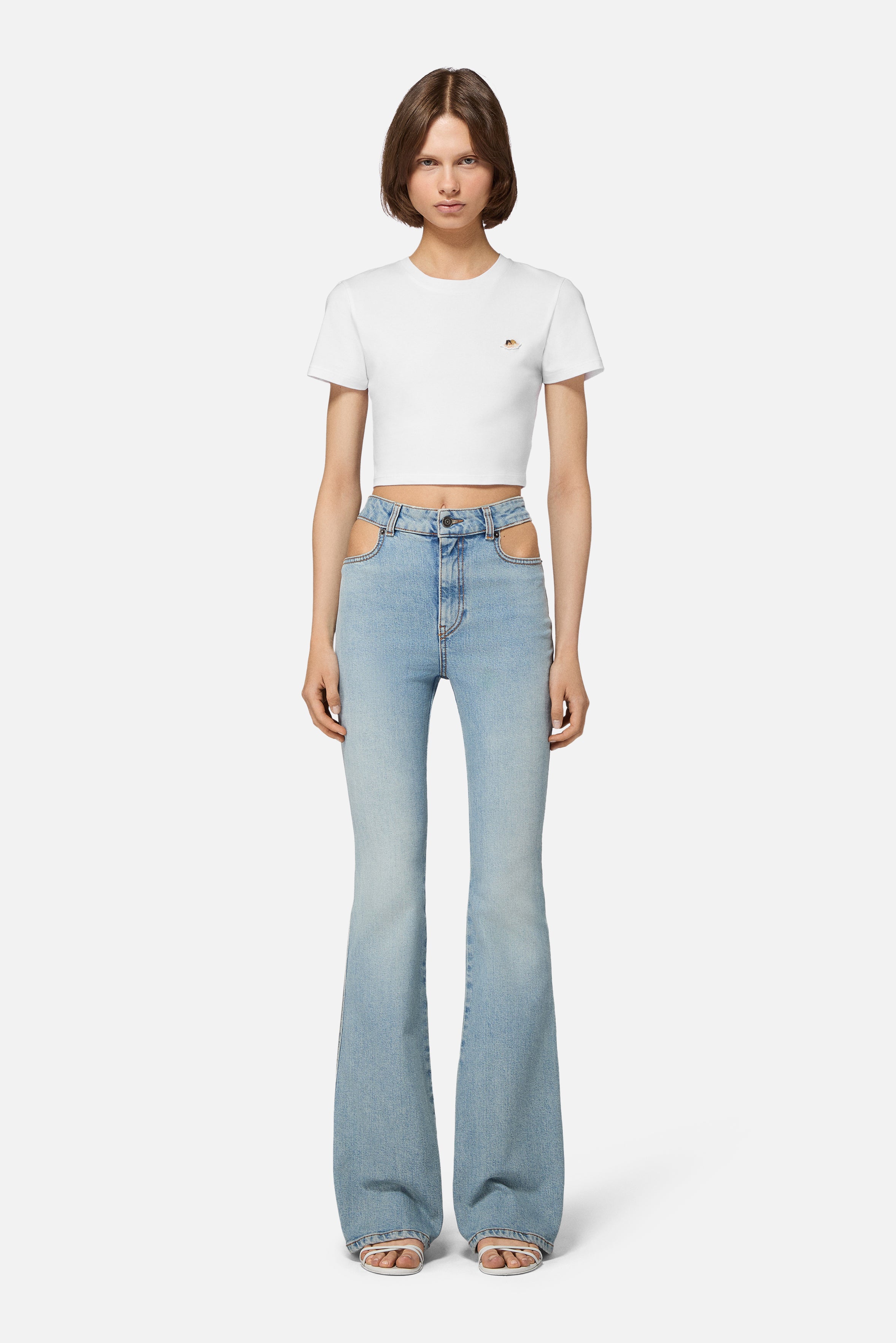 Cutout Pocket Flared Jeans Light Blue