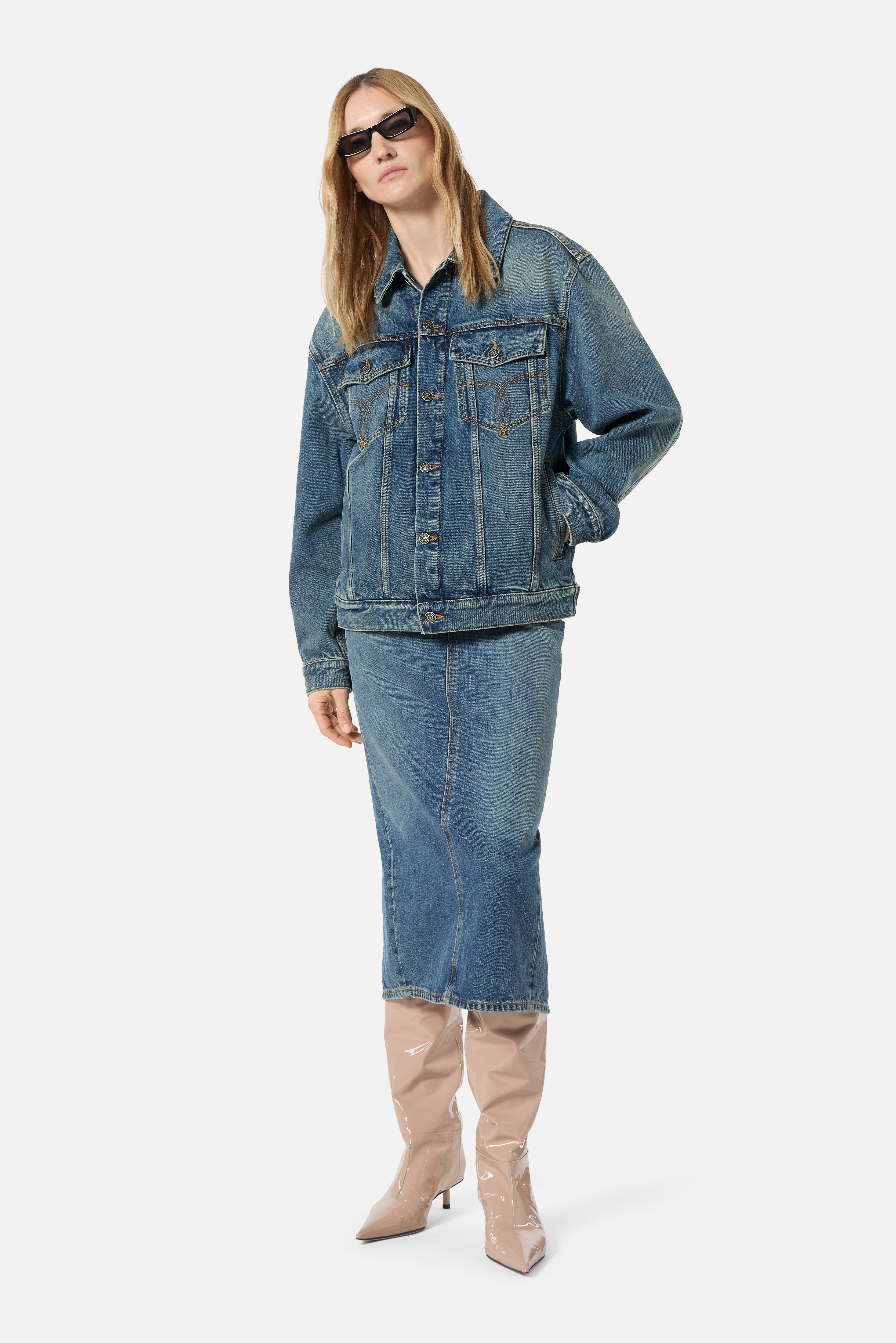 Rock Cupid Print Denim Jacket Mid Blue