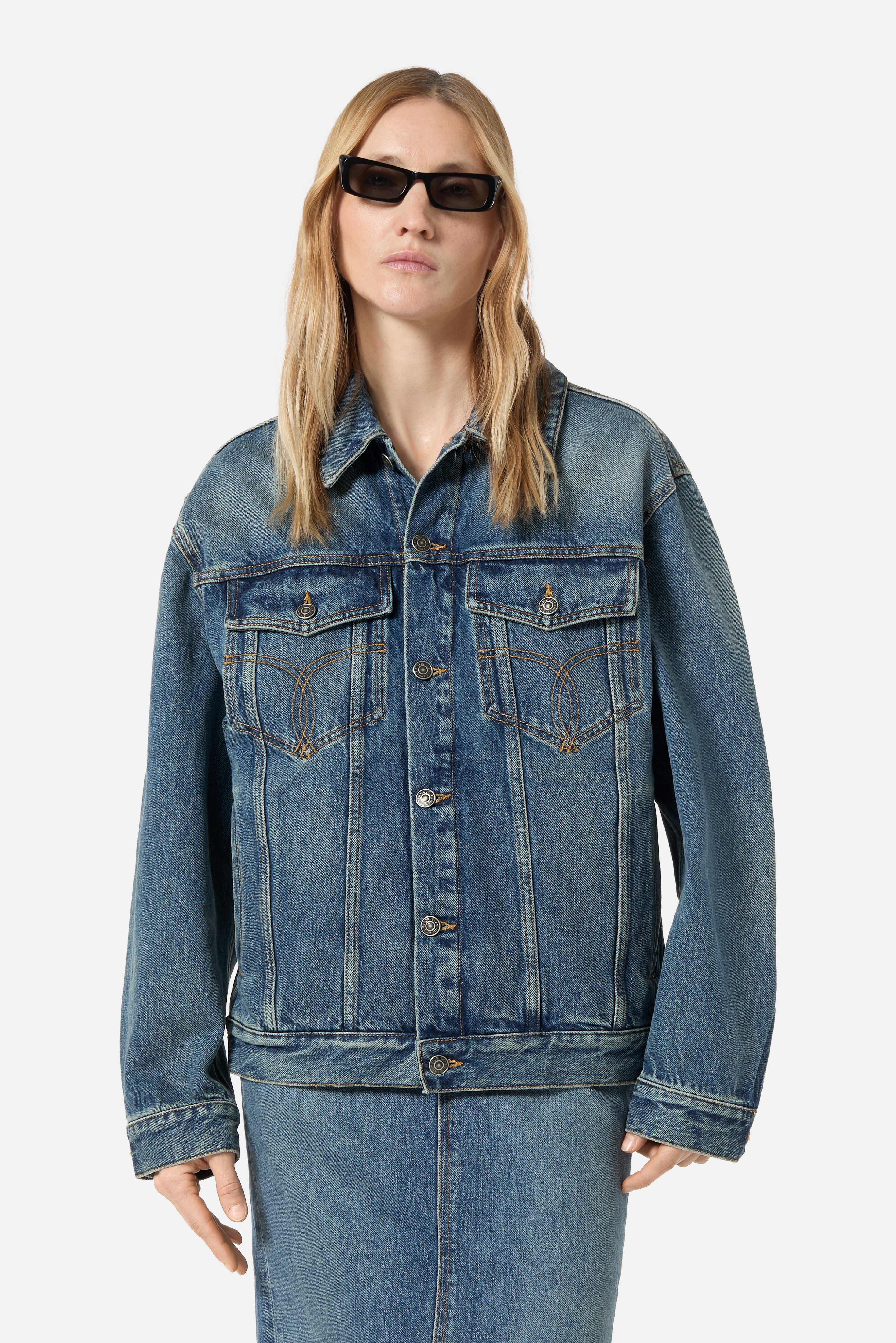Rock Cupid Print Denim Jacket Mid Blue