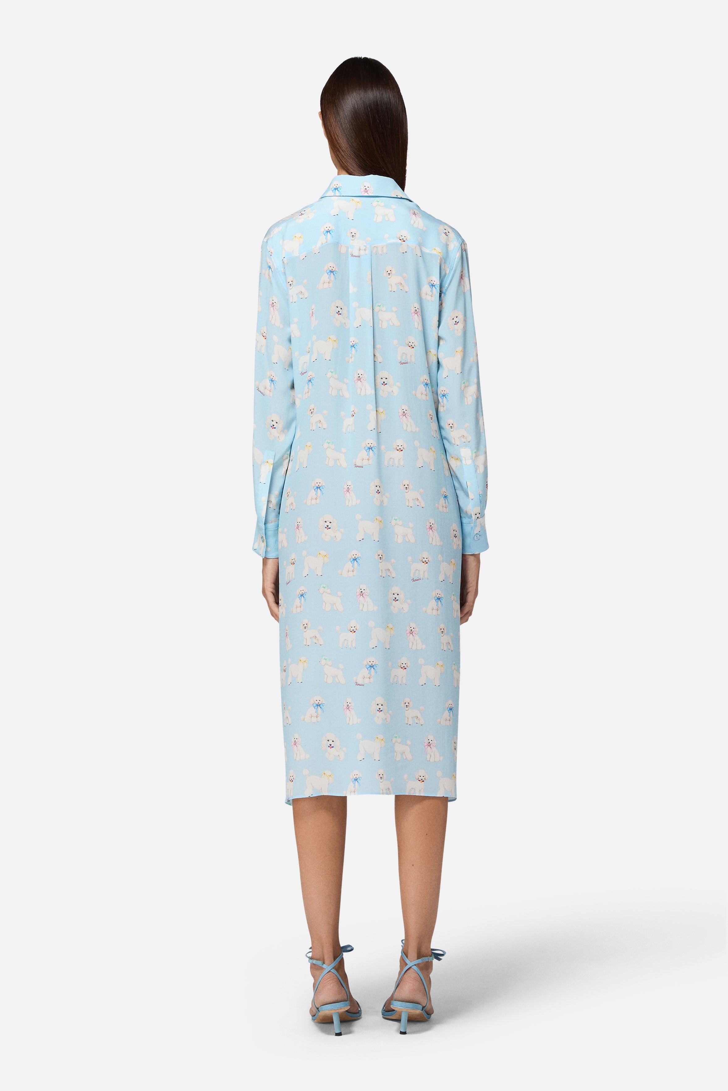 Poodle Print Midi Shirt Dress Light Blue