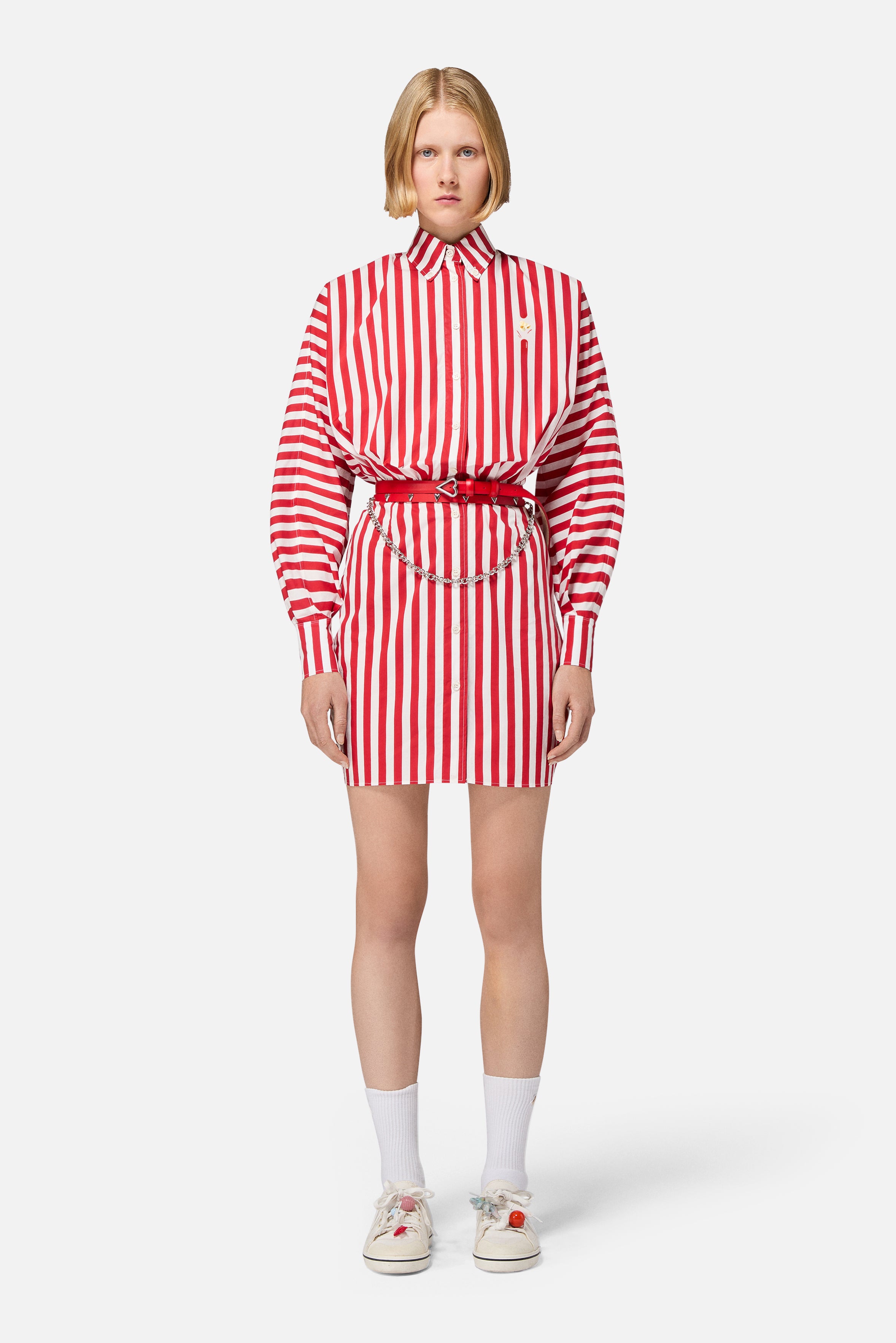 Mini Abito Chemisier con Stampa Popcorn a Righe Rosso