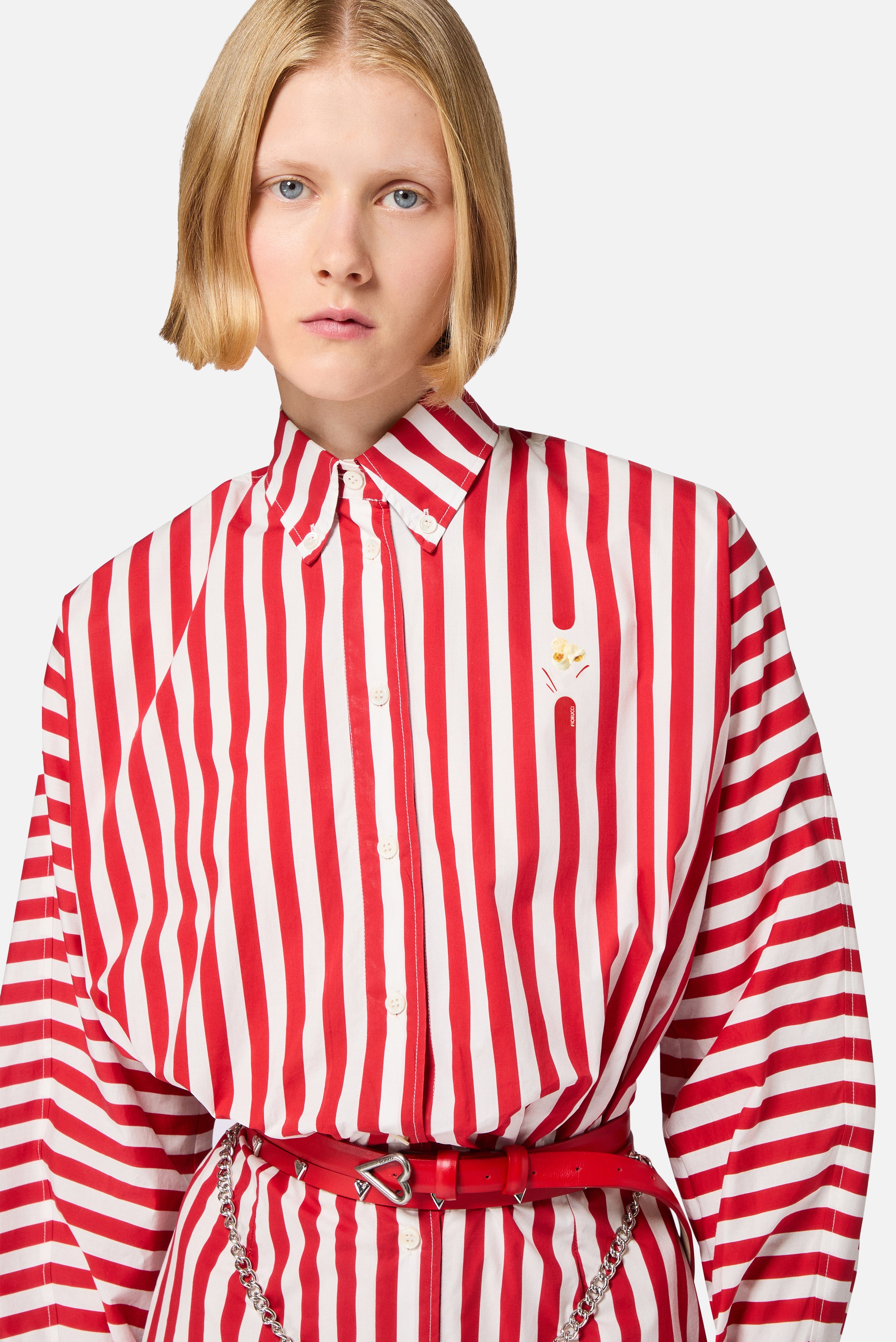 Mini Abito Chemisier con Stampa Popcorn a Righe Rosso