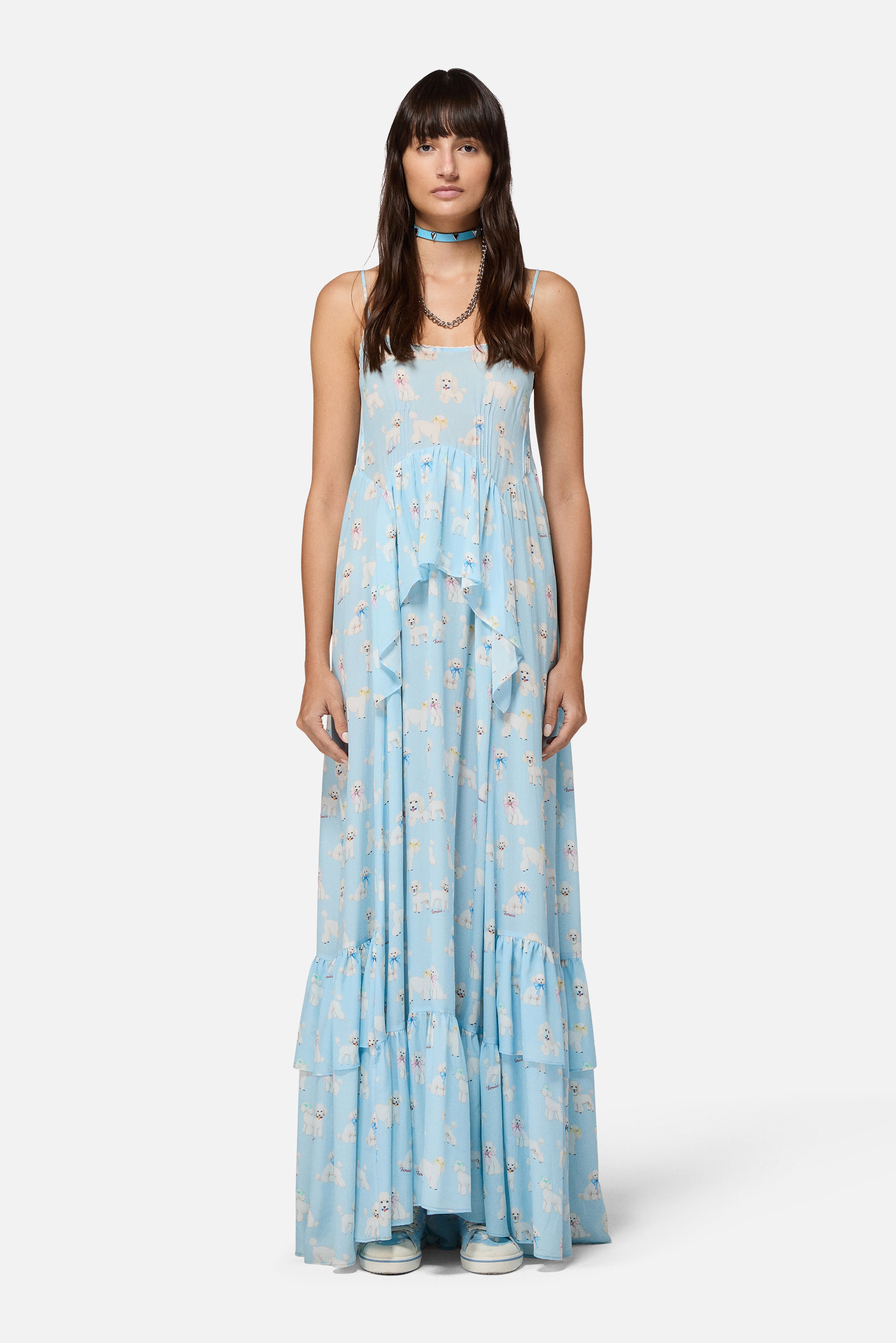 Poodle Print Maxi Dress with Ruffles Light Blue