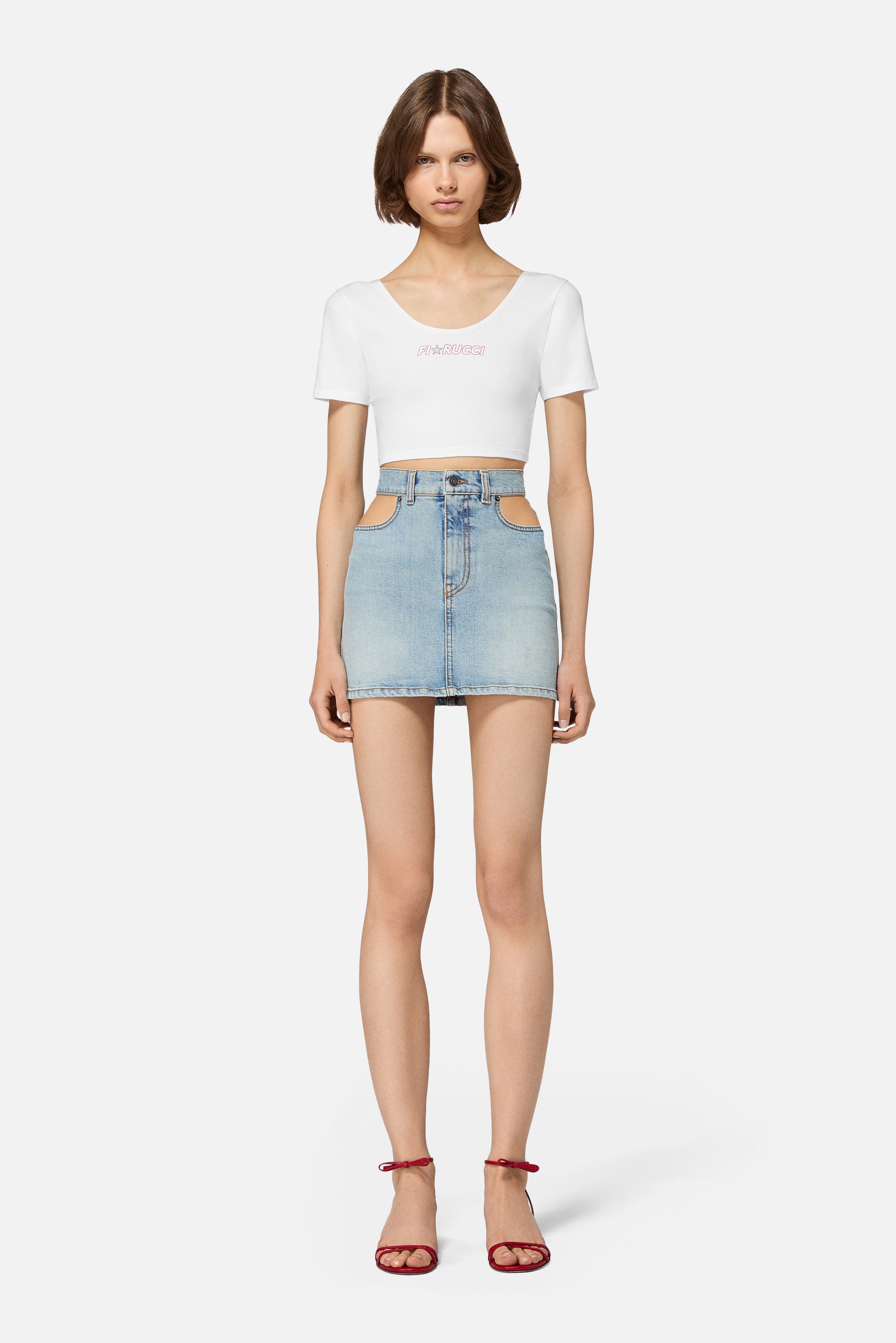 Cutout Pocket Denim Mini Skirt Light Blue