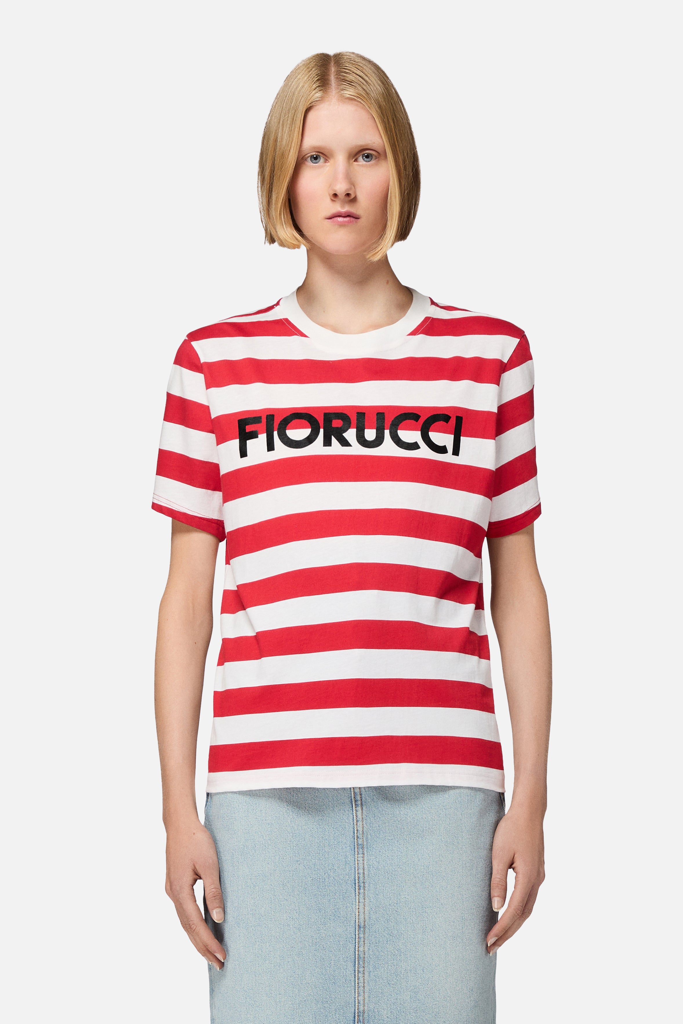 T-Shirt Regular a Righe con Logo Rossa