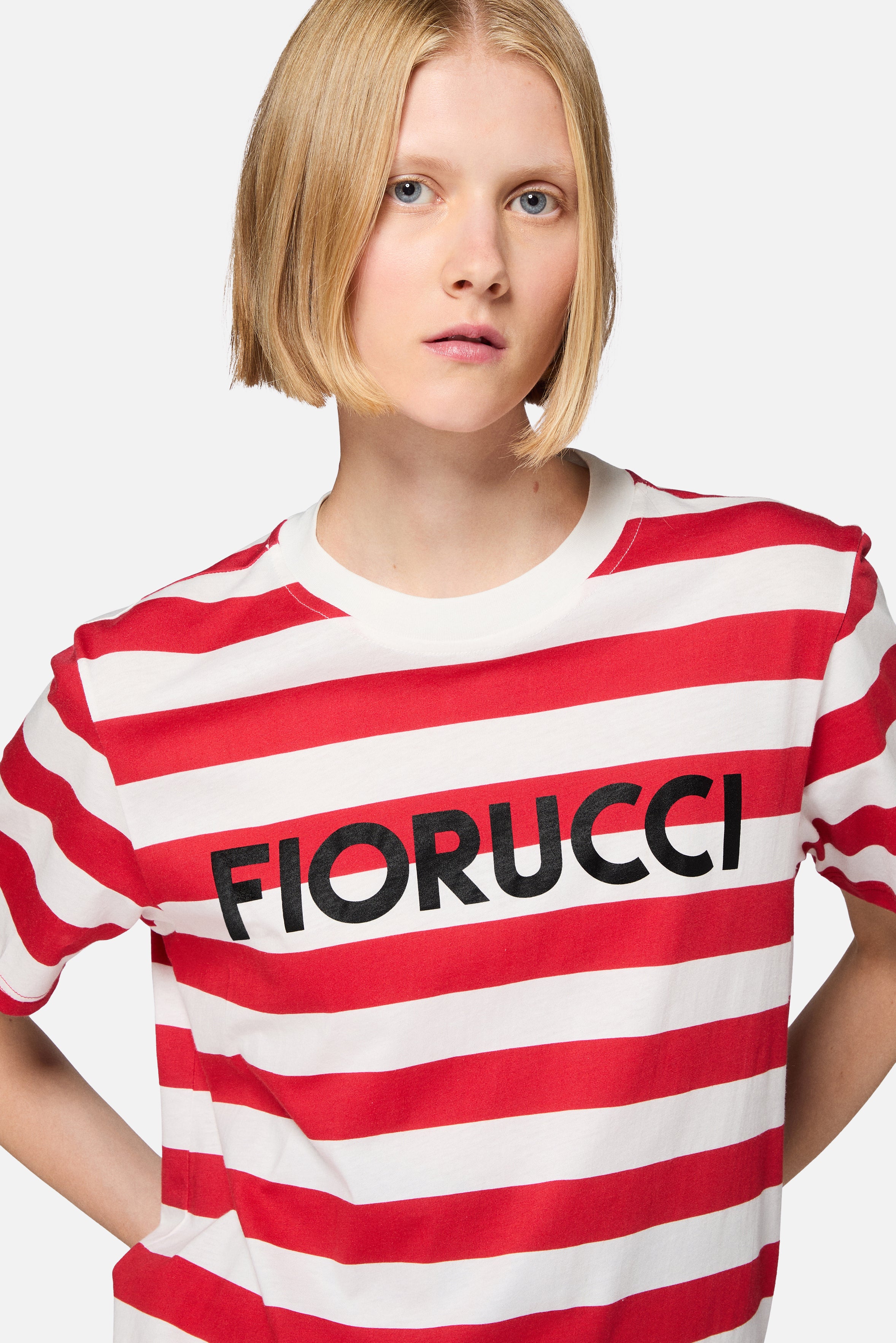 T-Shirt Regular a Righe con Logo Rossa