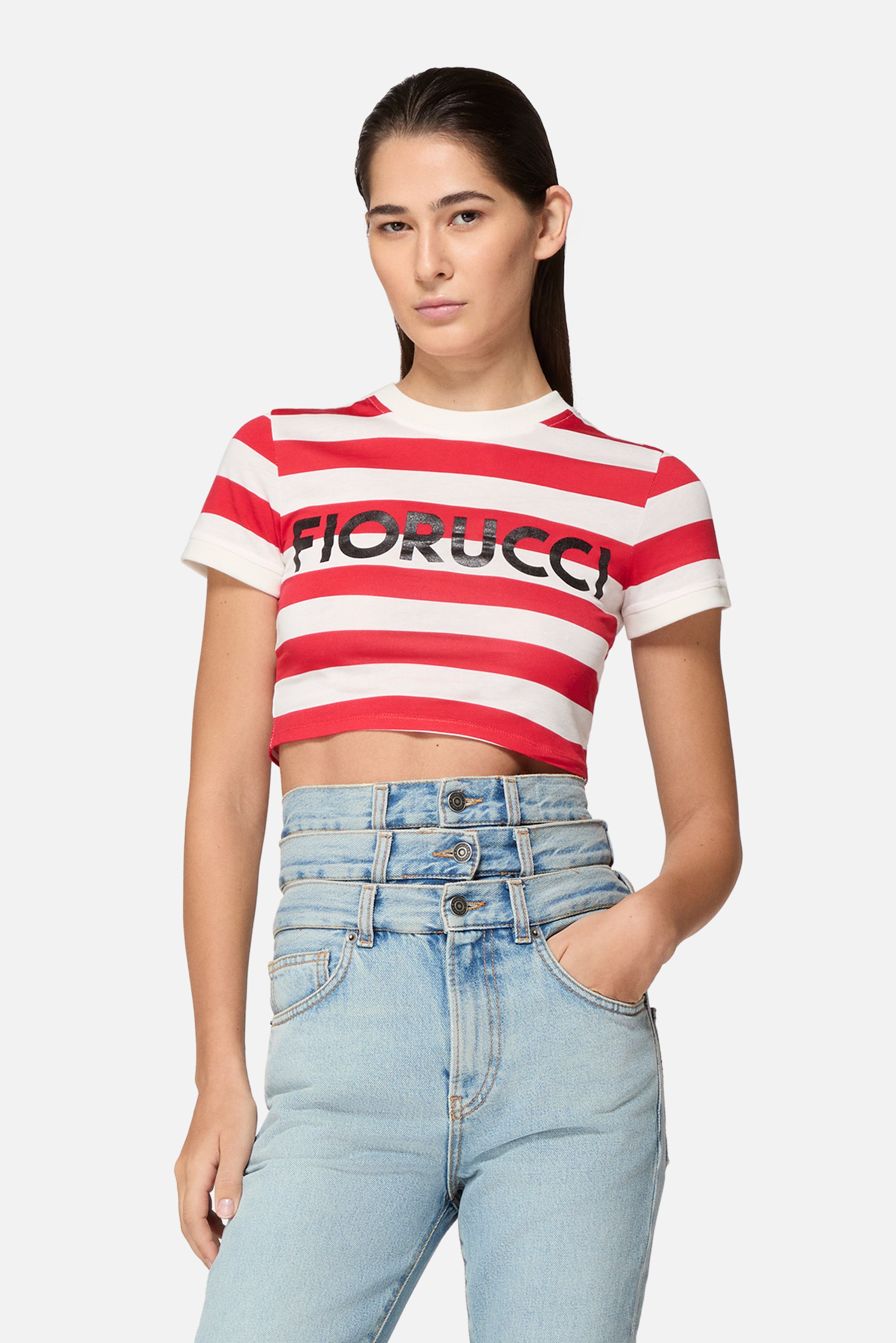 Baby T-Shirt a Righe con Logo Rossa