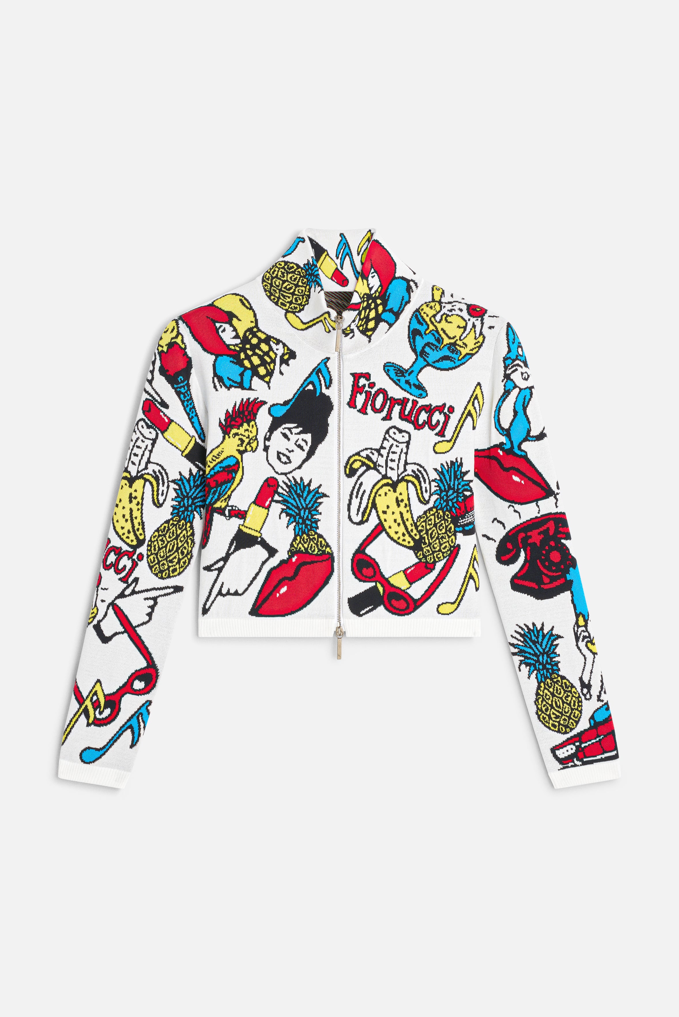 Toys Print Knit Zipped Crop Top White