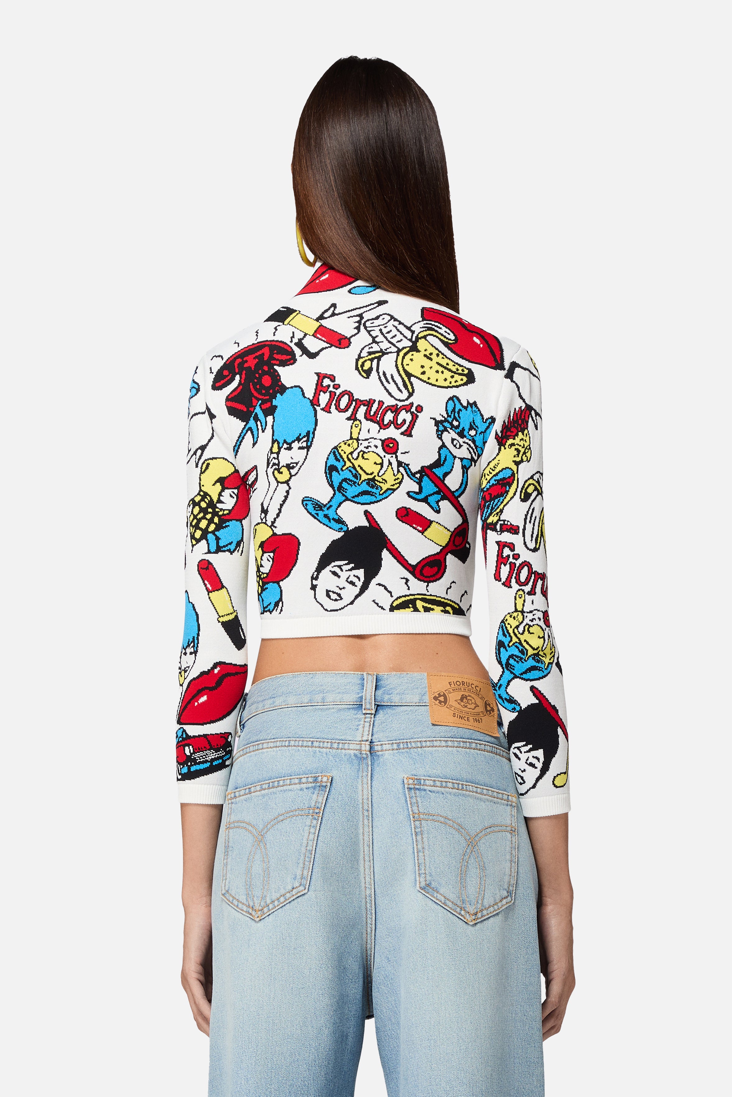 Toys Print Knit Zipped Crop Top White