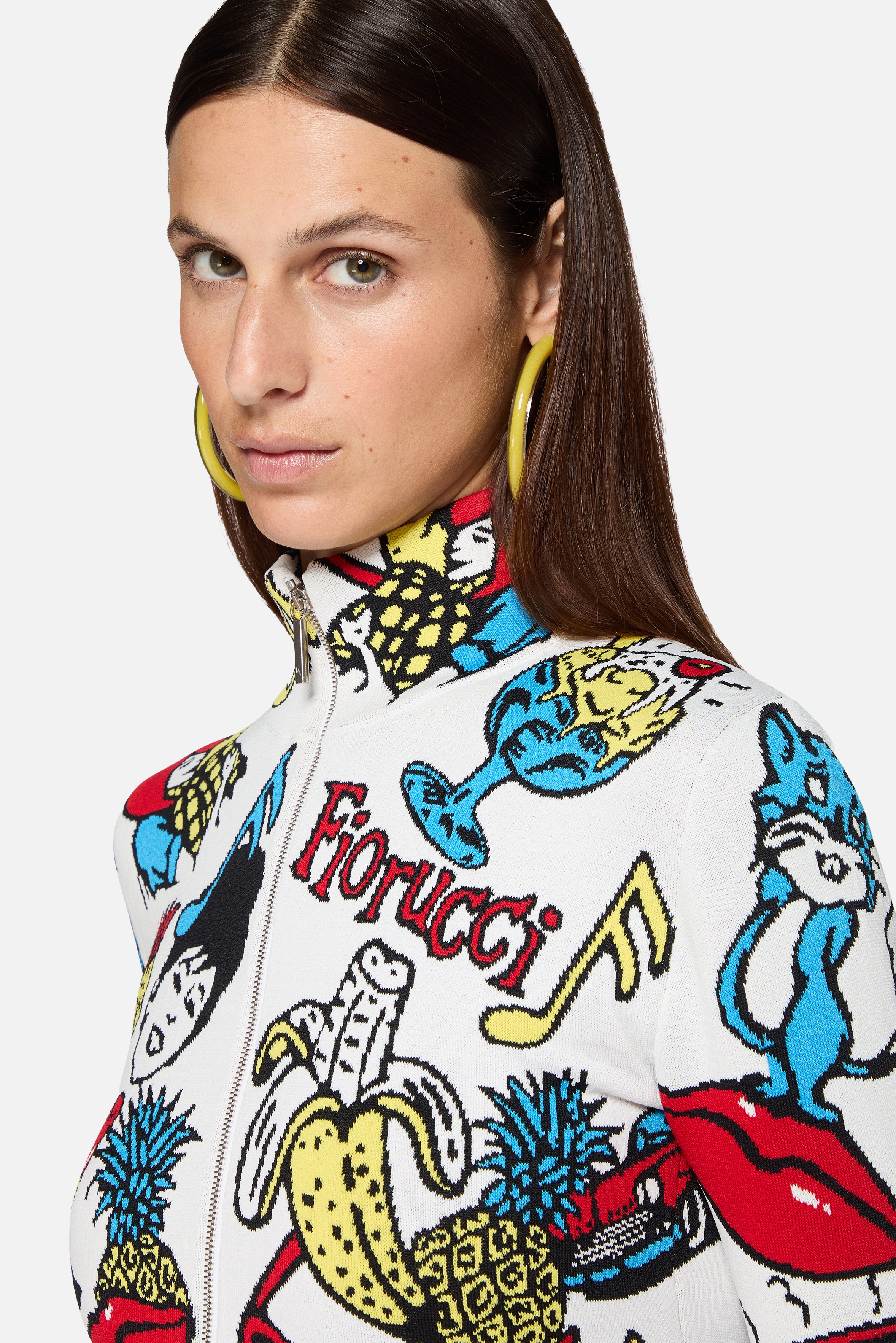 Toys Print Knit Zipped Crop Top White