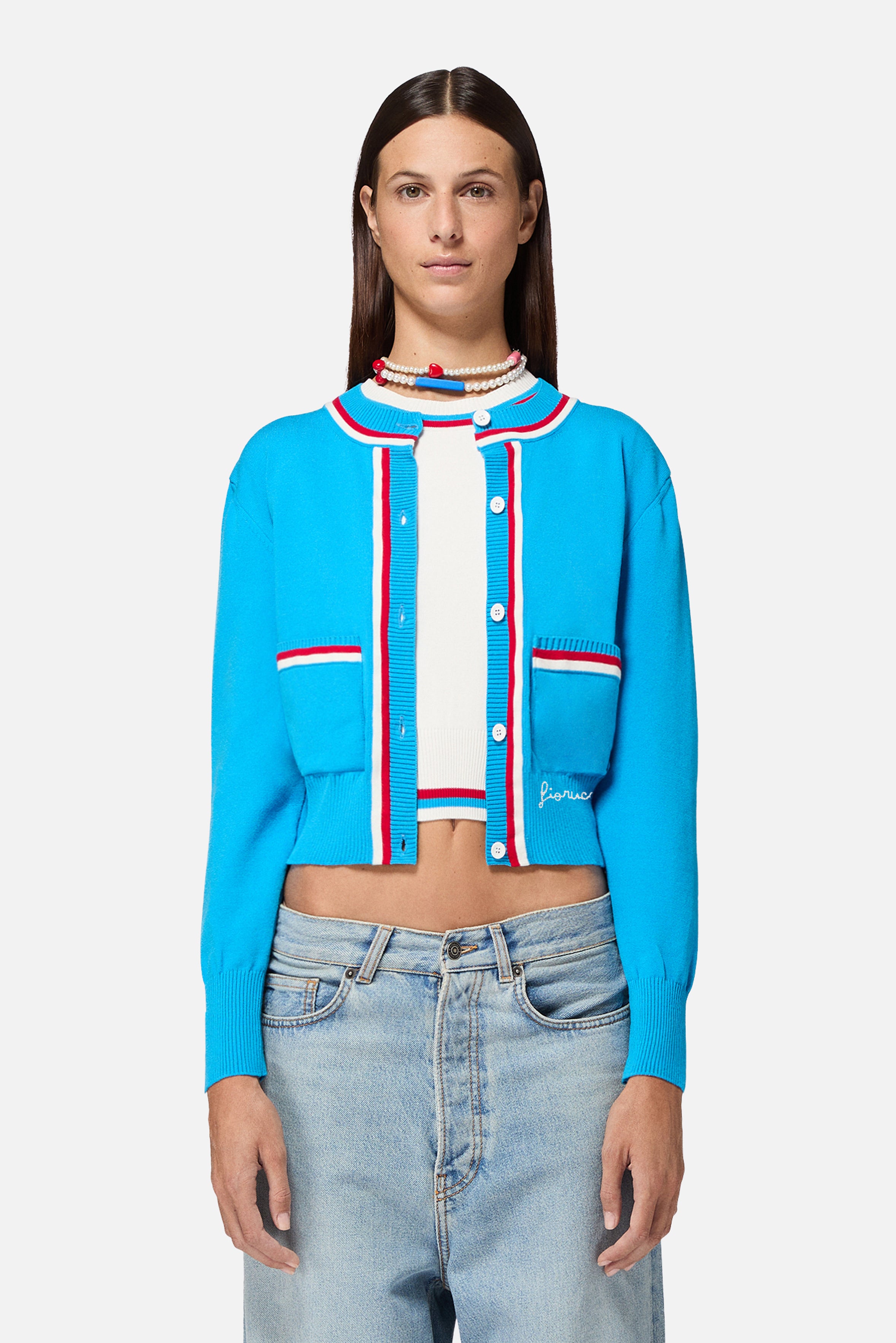 Contrast Trims Cardigan Light Blue