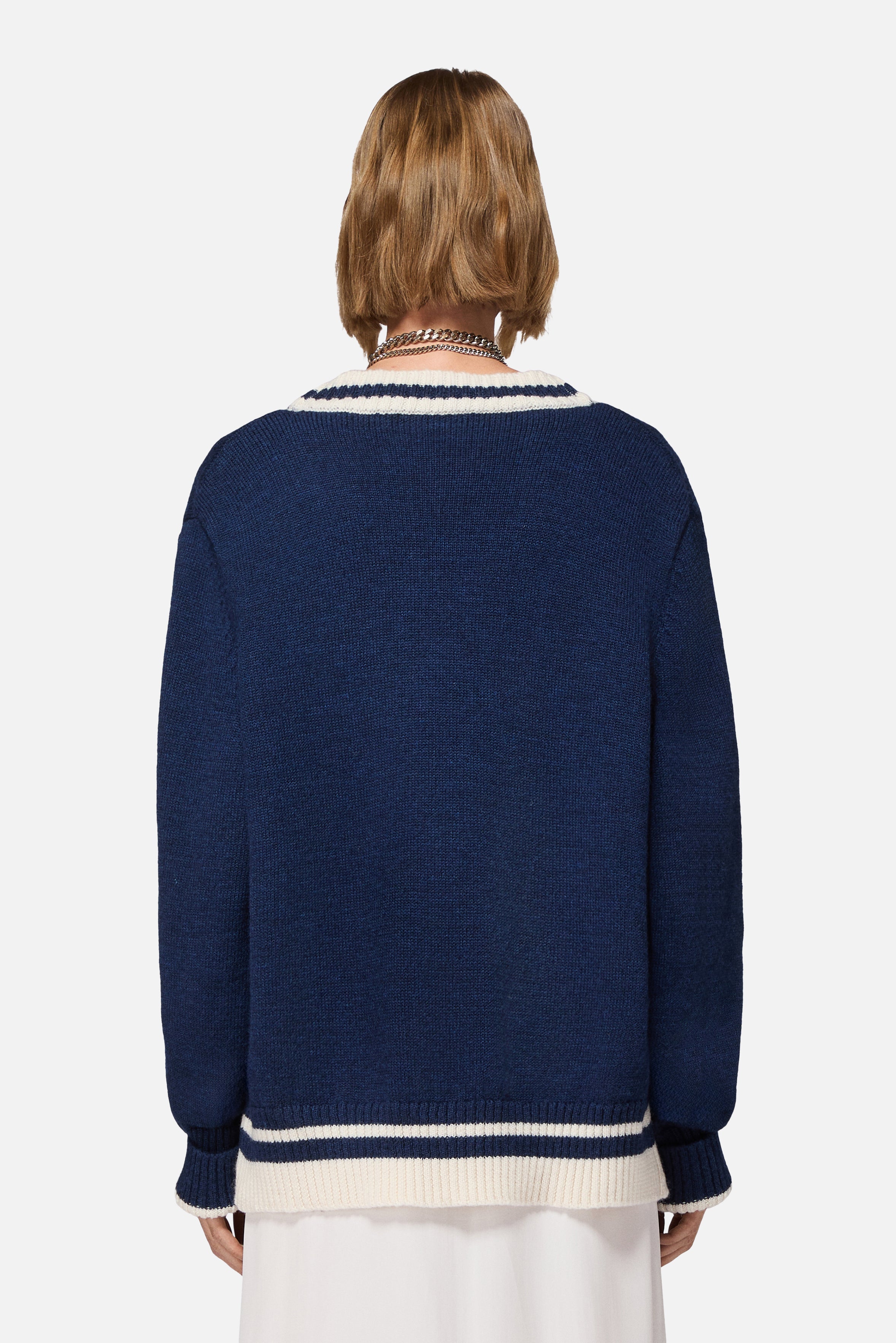 Double Cupid Embroidered Wool Cardigan Navy