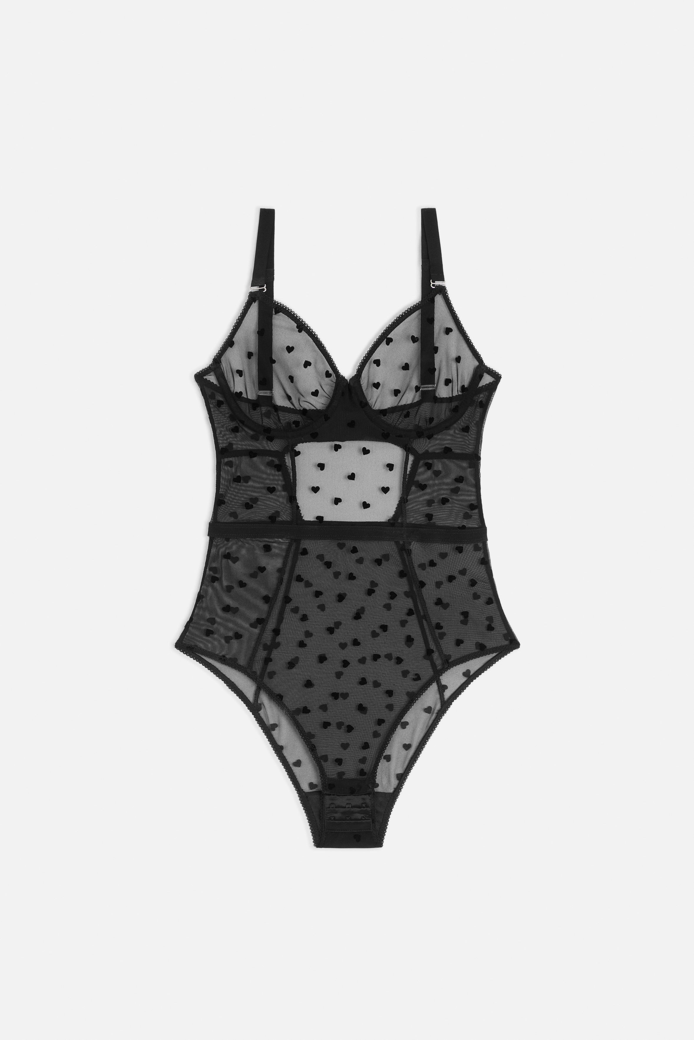 Tulle Bodysuit with Flocked Hearts Black | Fiorucci