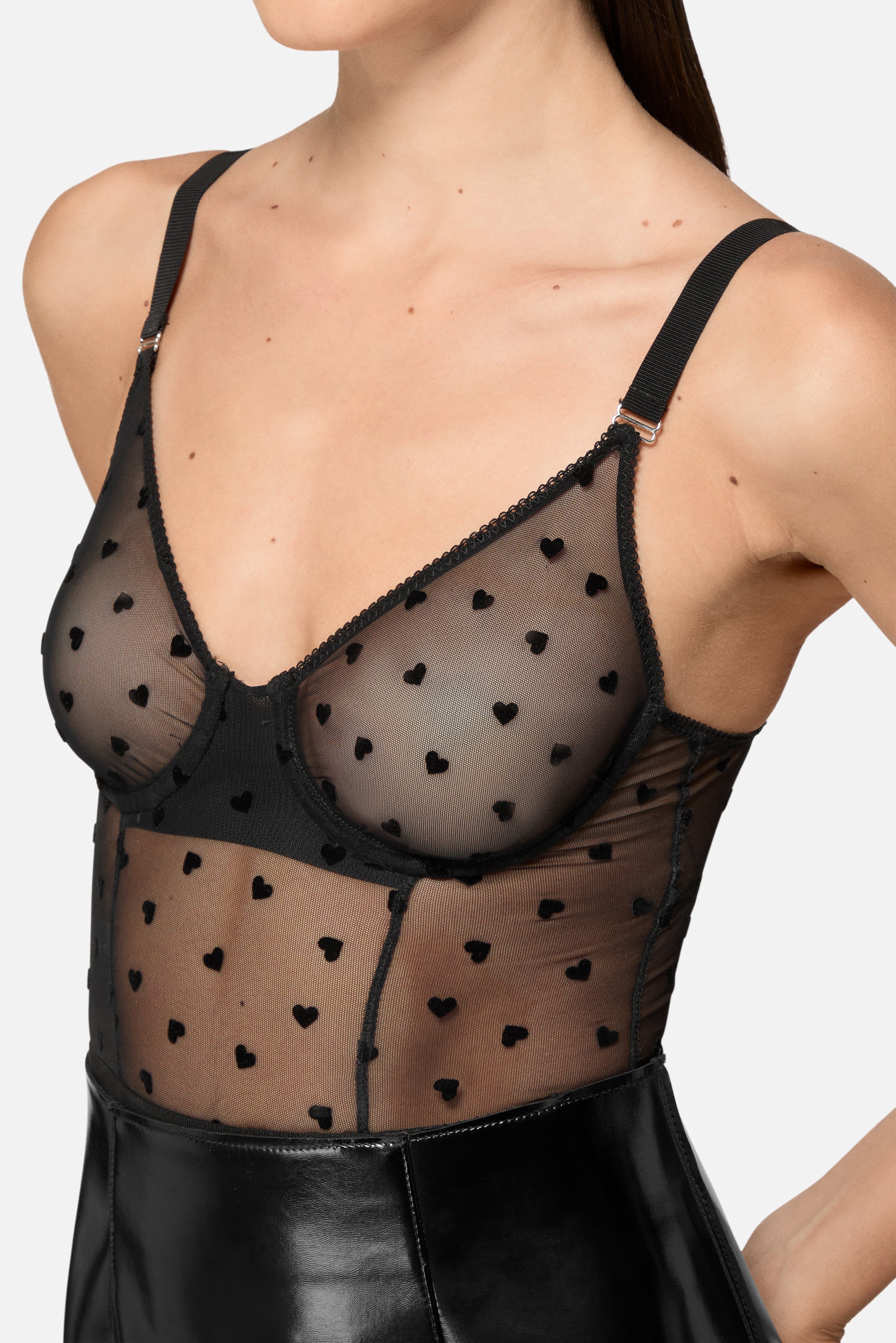 Tulle Bodysuit with Flocked Hearts Black