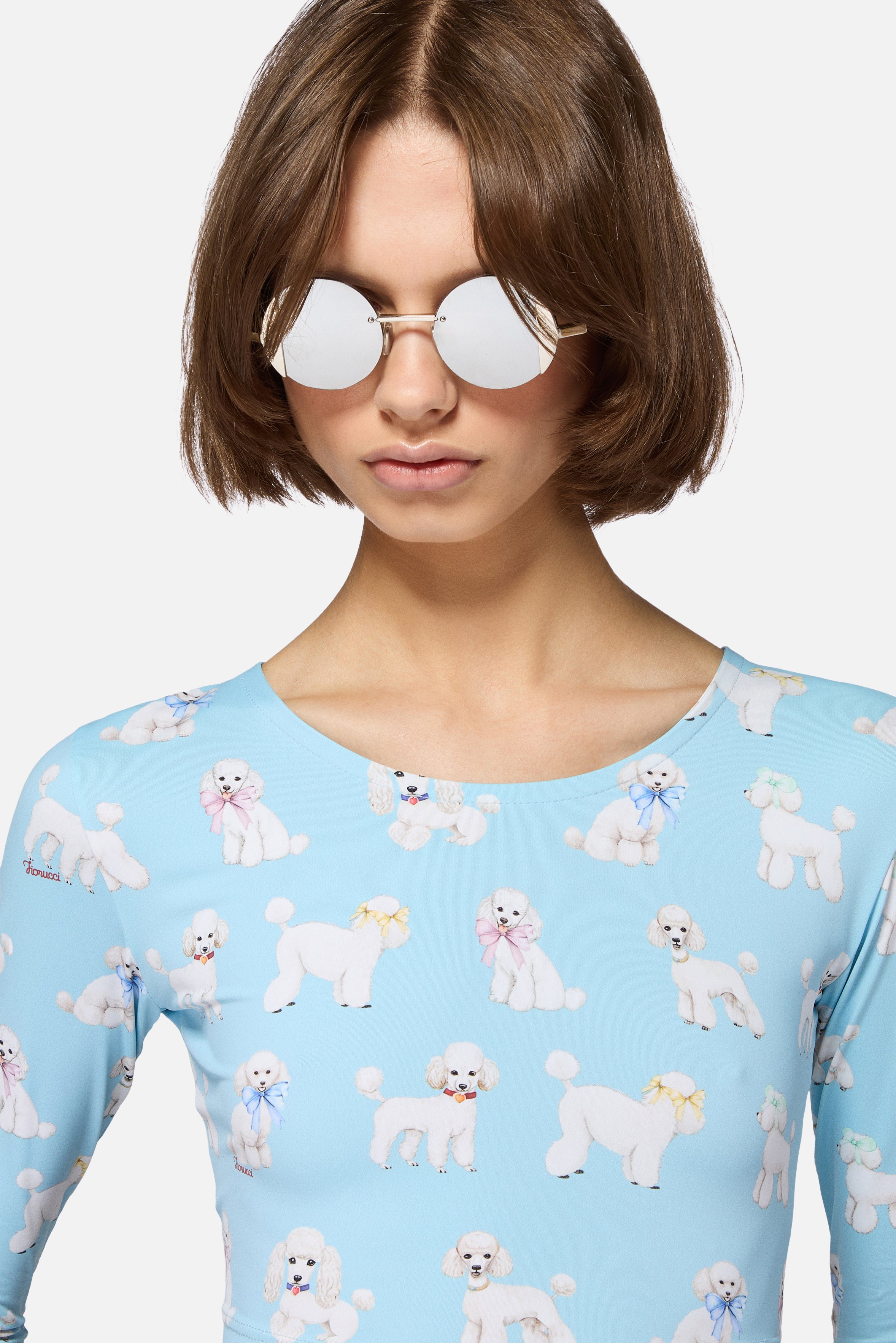 Poodle Print Long Sleeve Crop Top Light Blue