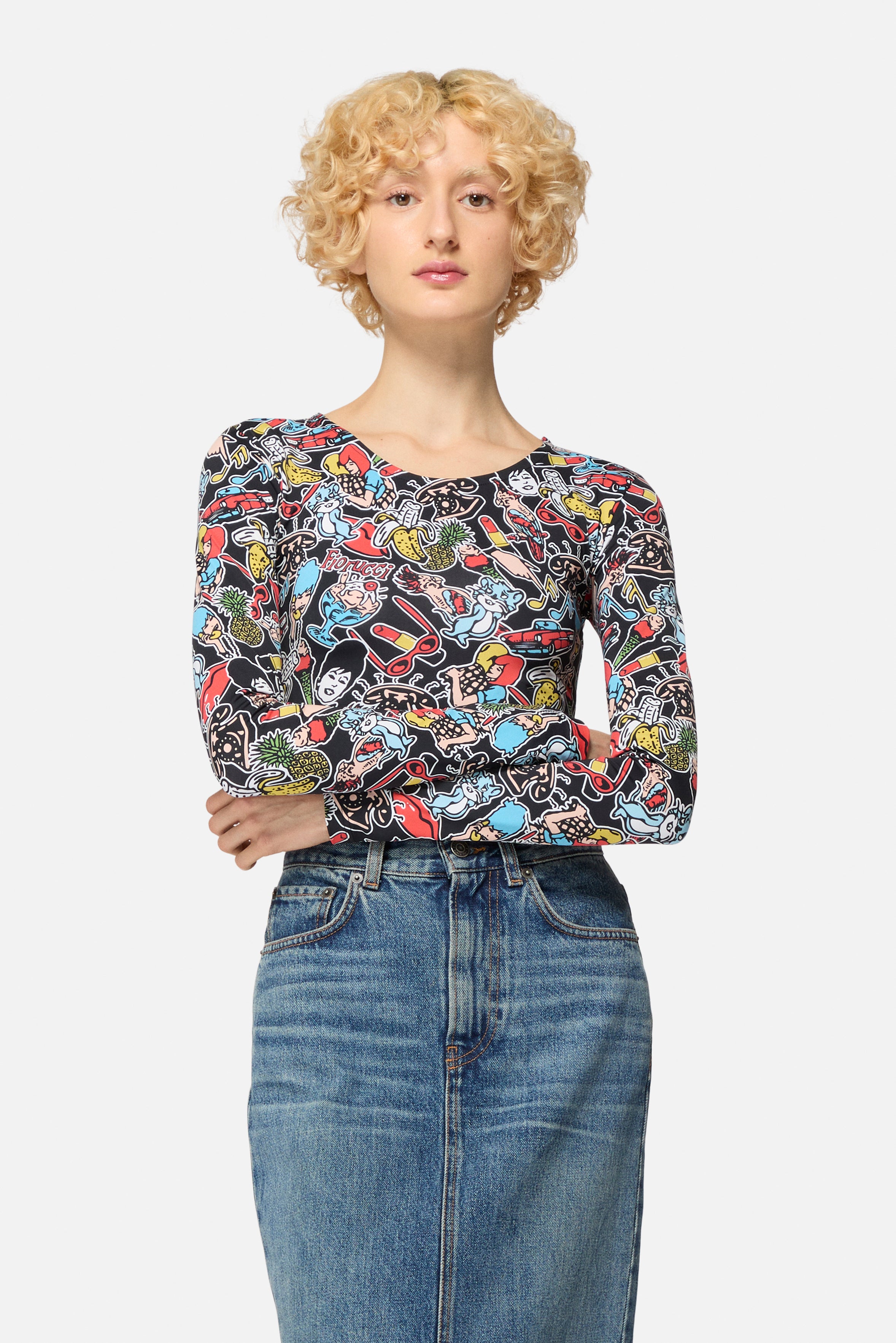 Toys Print Print Long Sleeve Crop Top Black