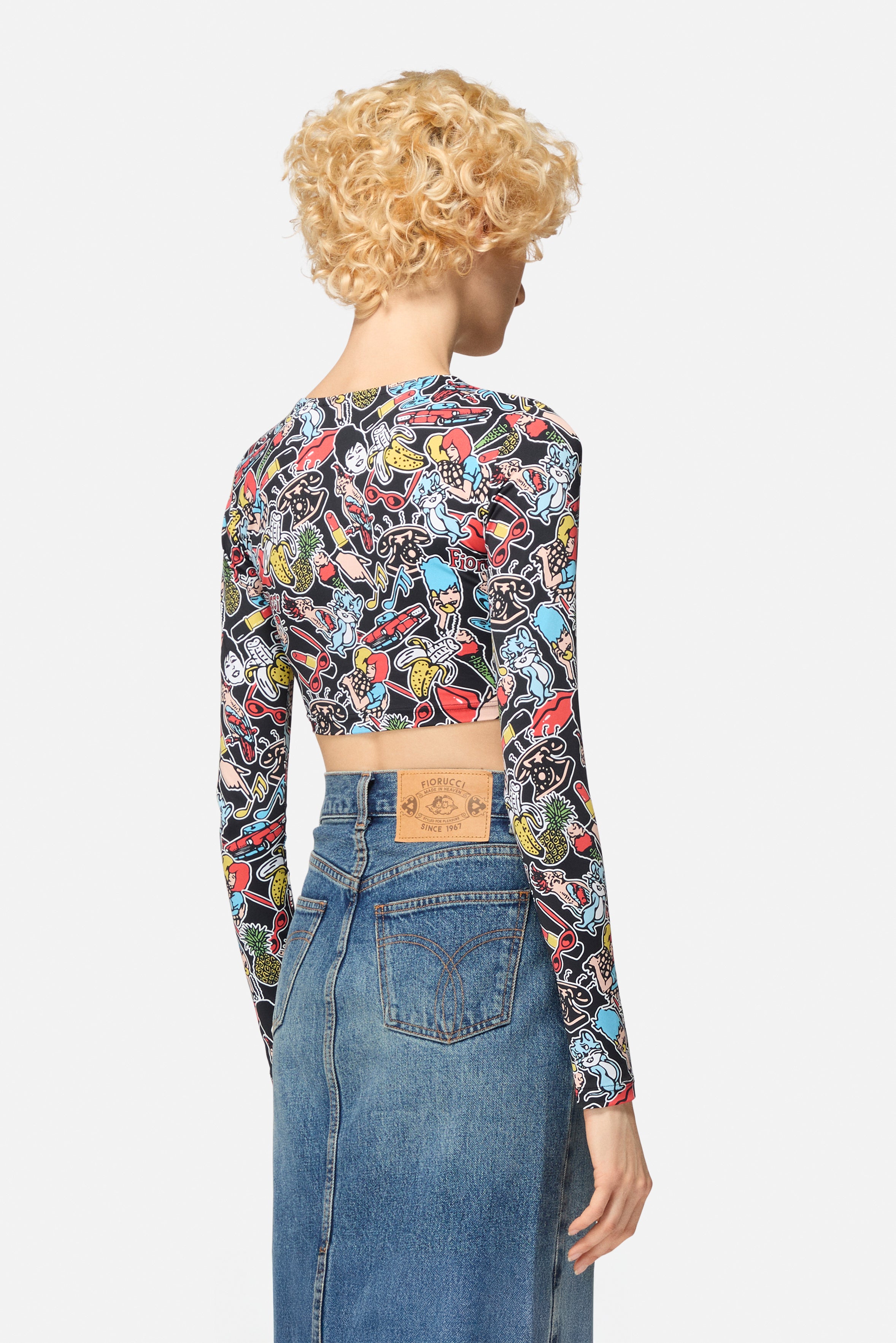 Toys Print Print Long Sleeve Crop Top Black