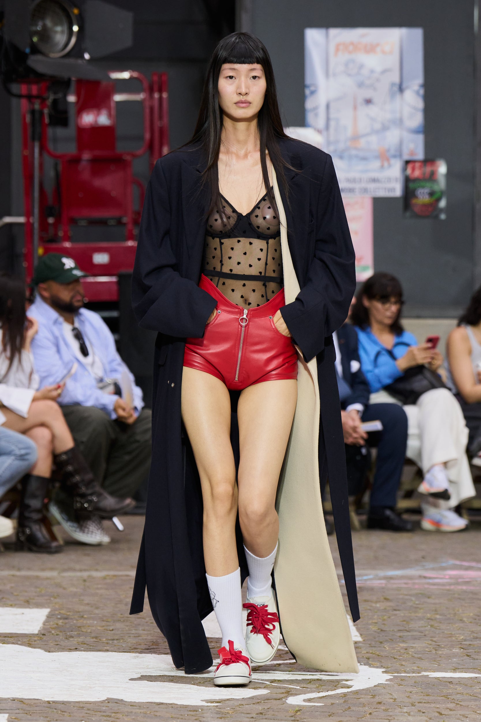 Tulle Bodysuit with Flocked Hearts Black | Fiorucci