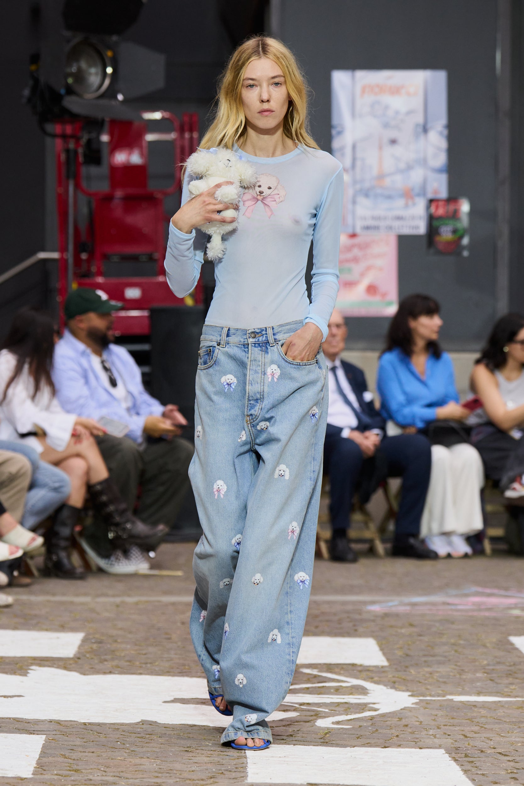 Poodle Print Baggy Jeans Light Blue