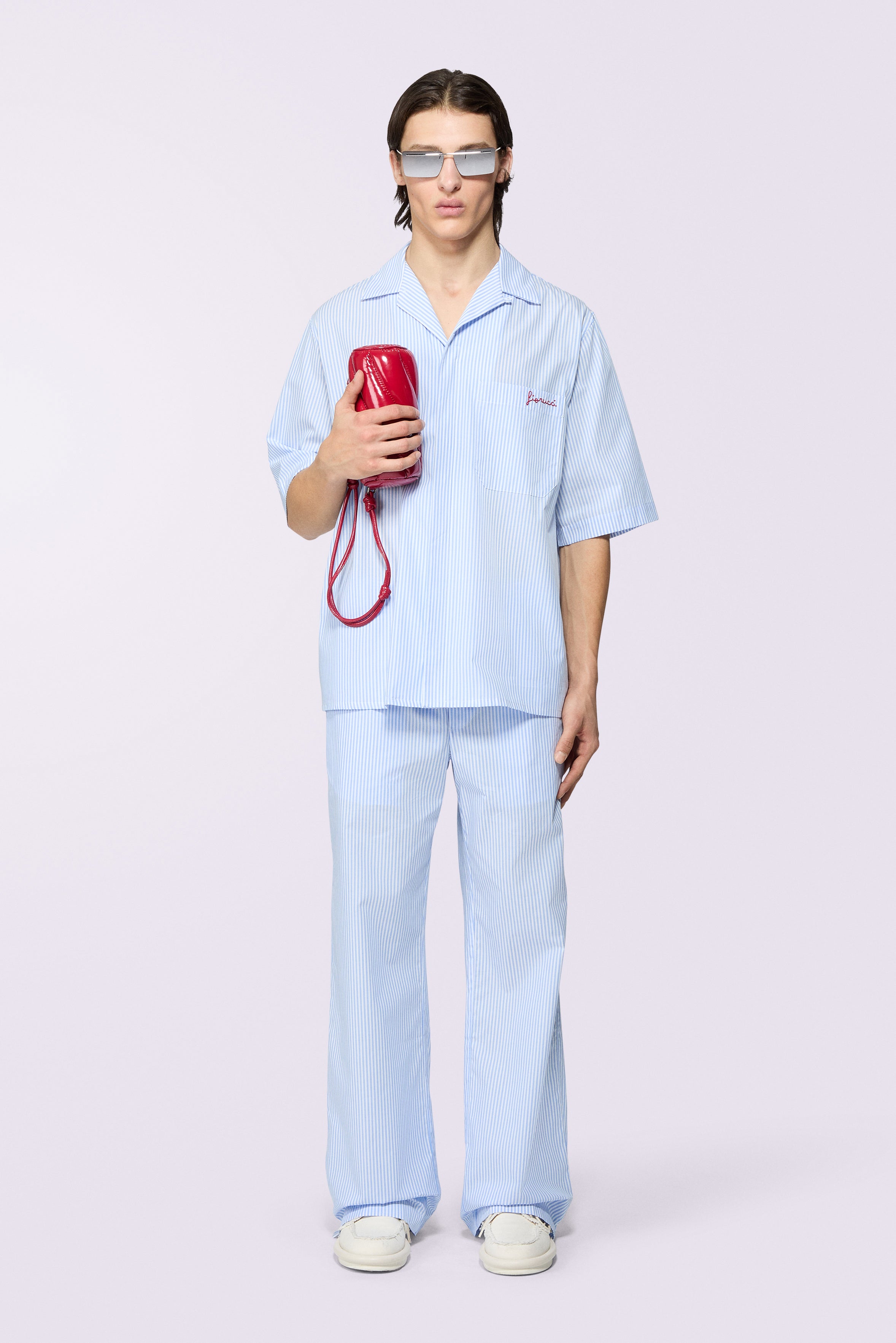 Camicia Bowling a Righe con Logo Blu