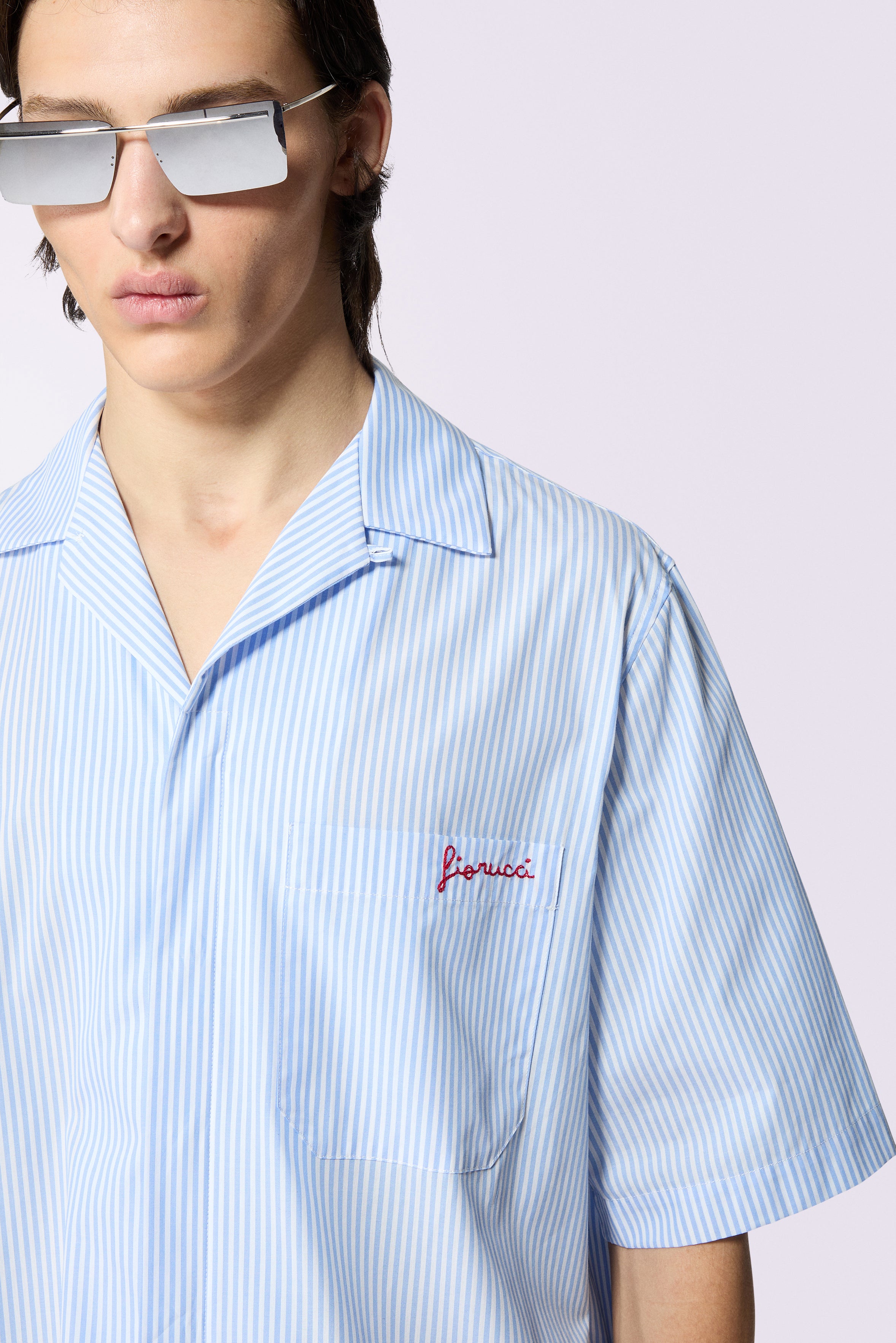 Camicia Bowling a Righe con Logo Blu