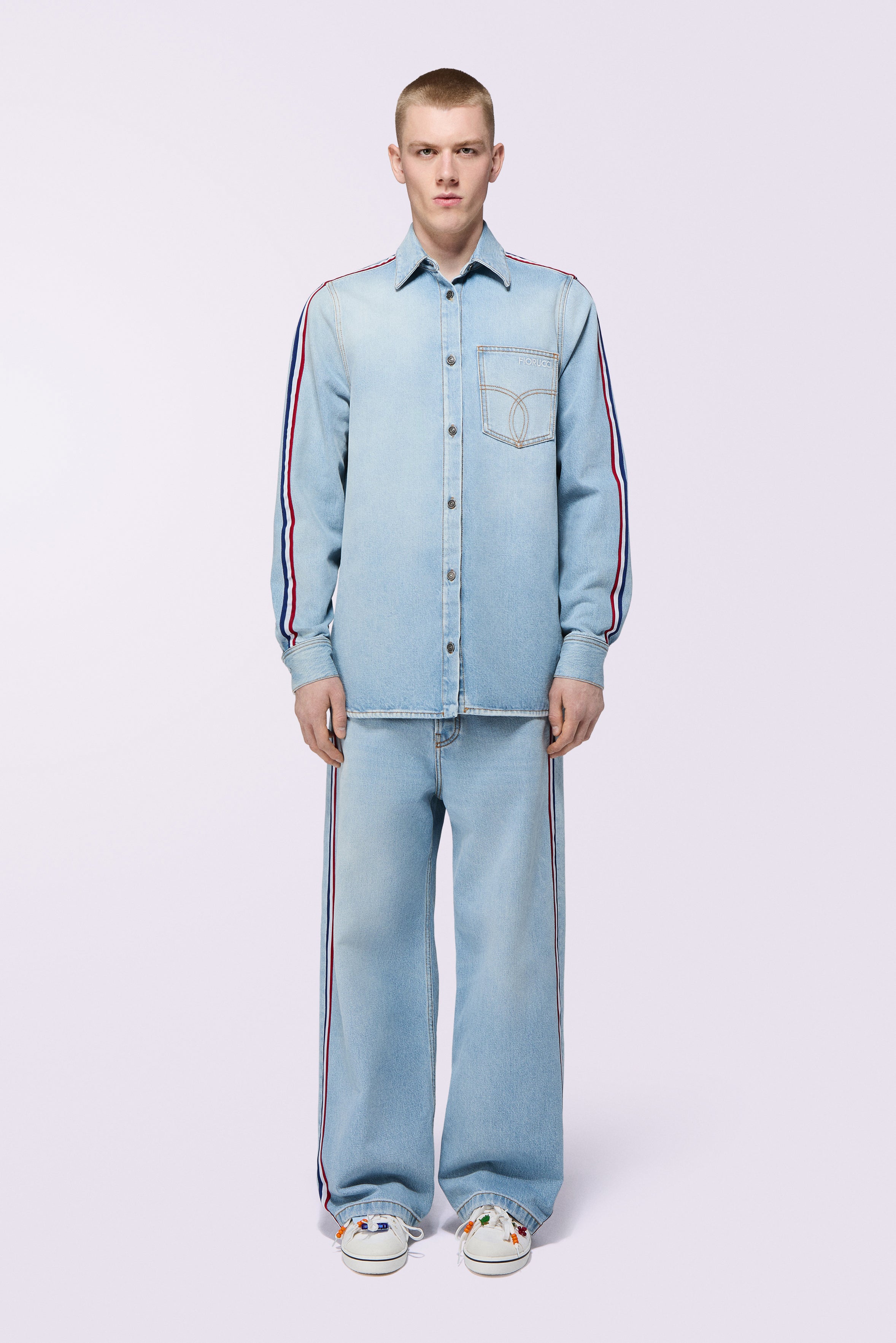 Tricolor Stripe Logo Denim Shirt Light Blue