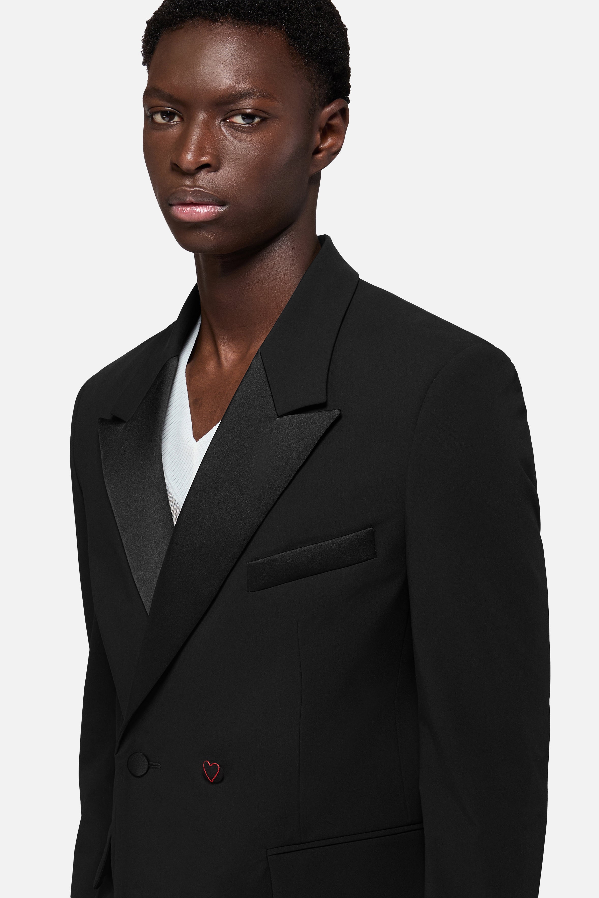 Heart Button Satin Trims Blazer Black