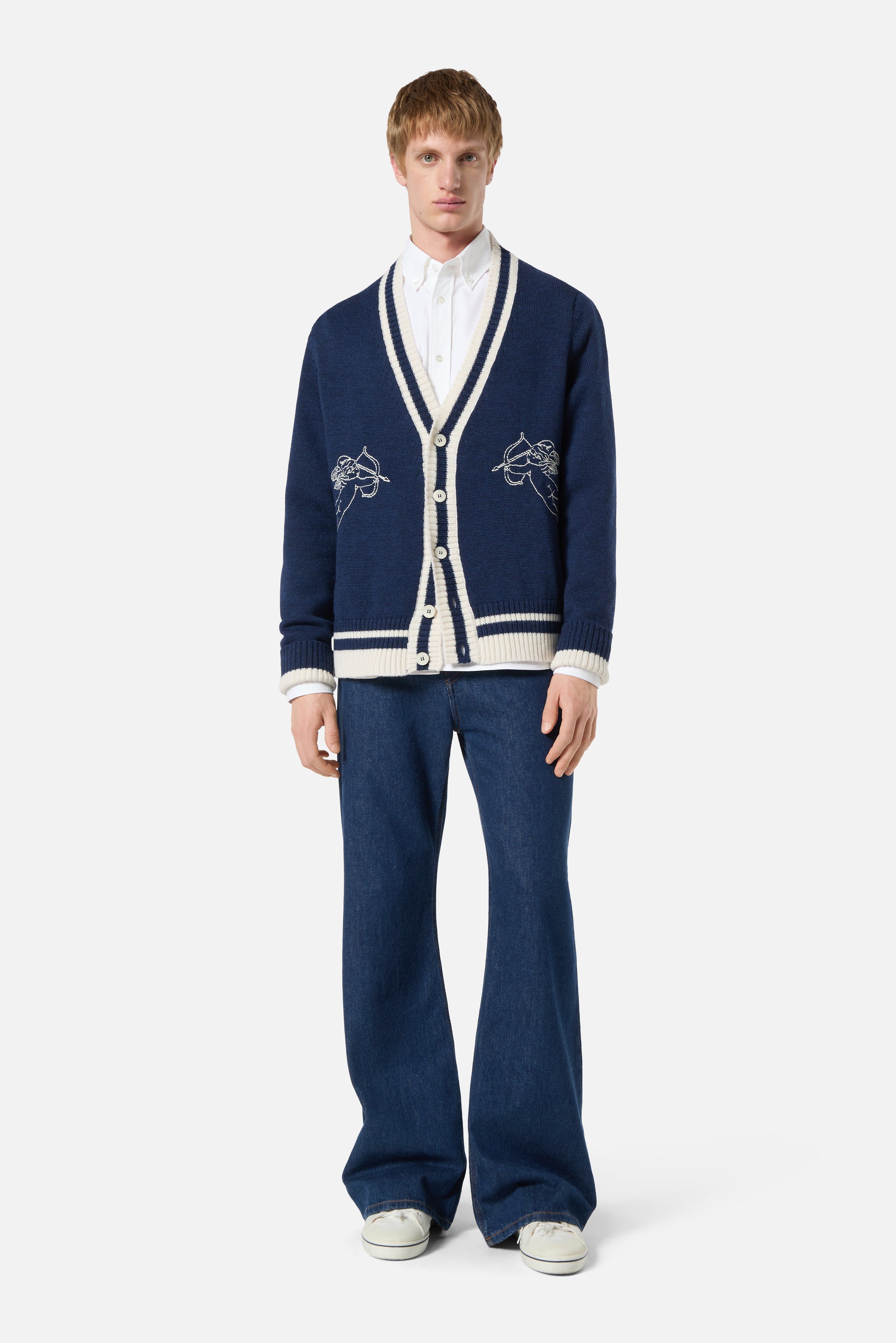 Double Cupid Embroidered Wool Cardigan Navy