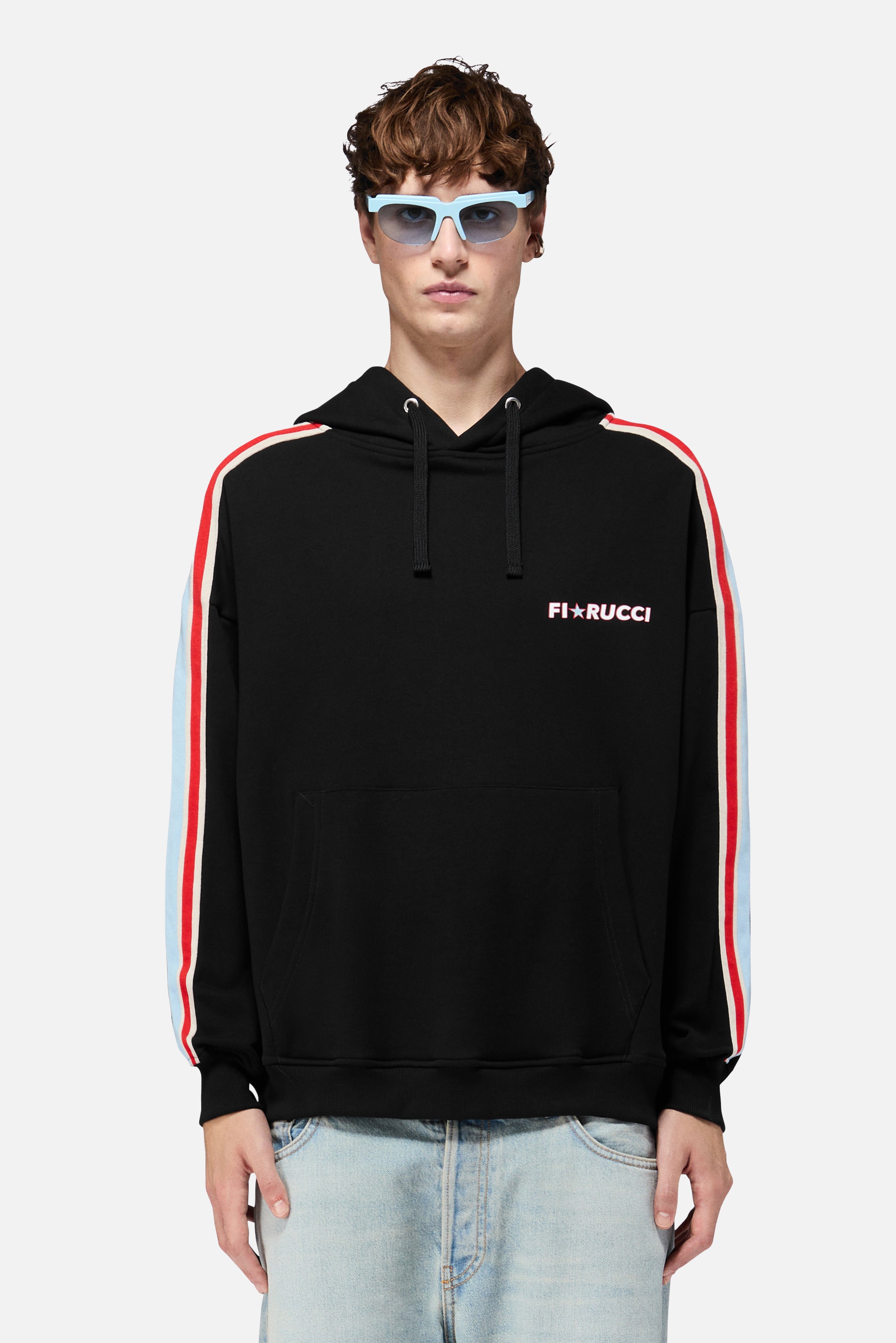 Striped Star Logo Relaxed Hoodie Black