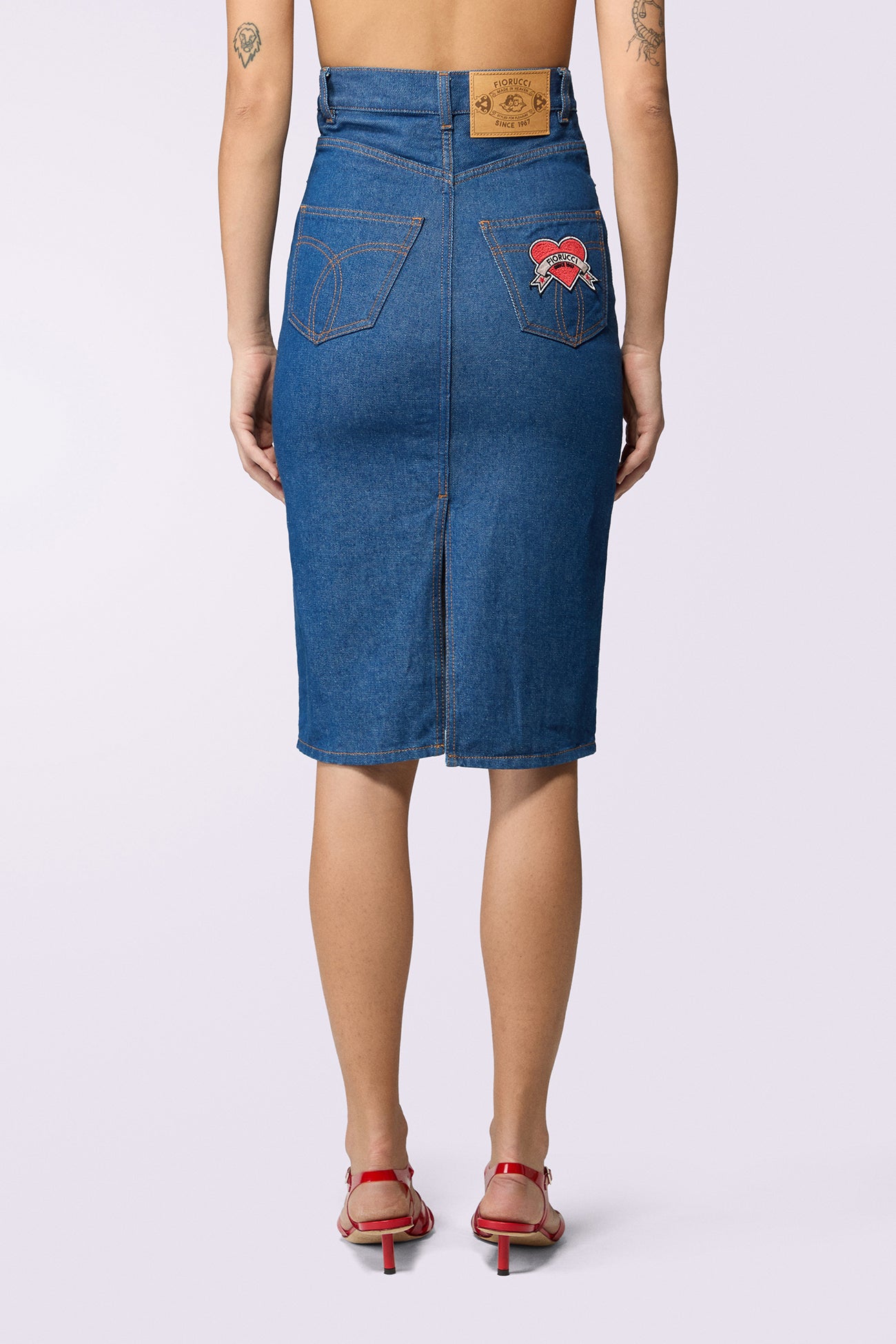 Heart Patch Denim Midi Skirt Rinse Blue
